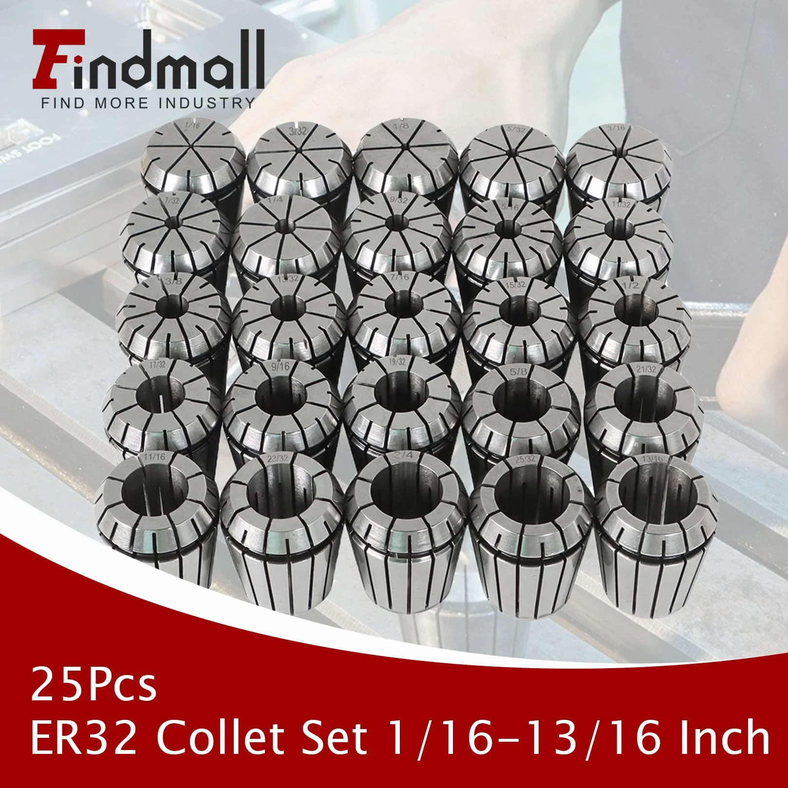 Zestaw tulei zaciskowych ER32 25 szt. Zestaw tulei zaciskowych ER32 ze sprężyną zaciskową, narzędzie do tokarki grawerującej CNC 1/16-13/16 cala, pasuje do maszyny grawerującej CNC i tokarki frezują