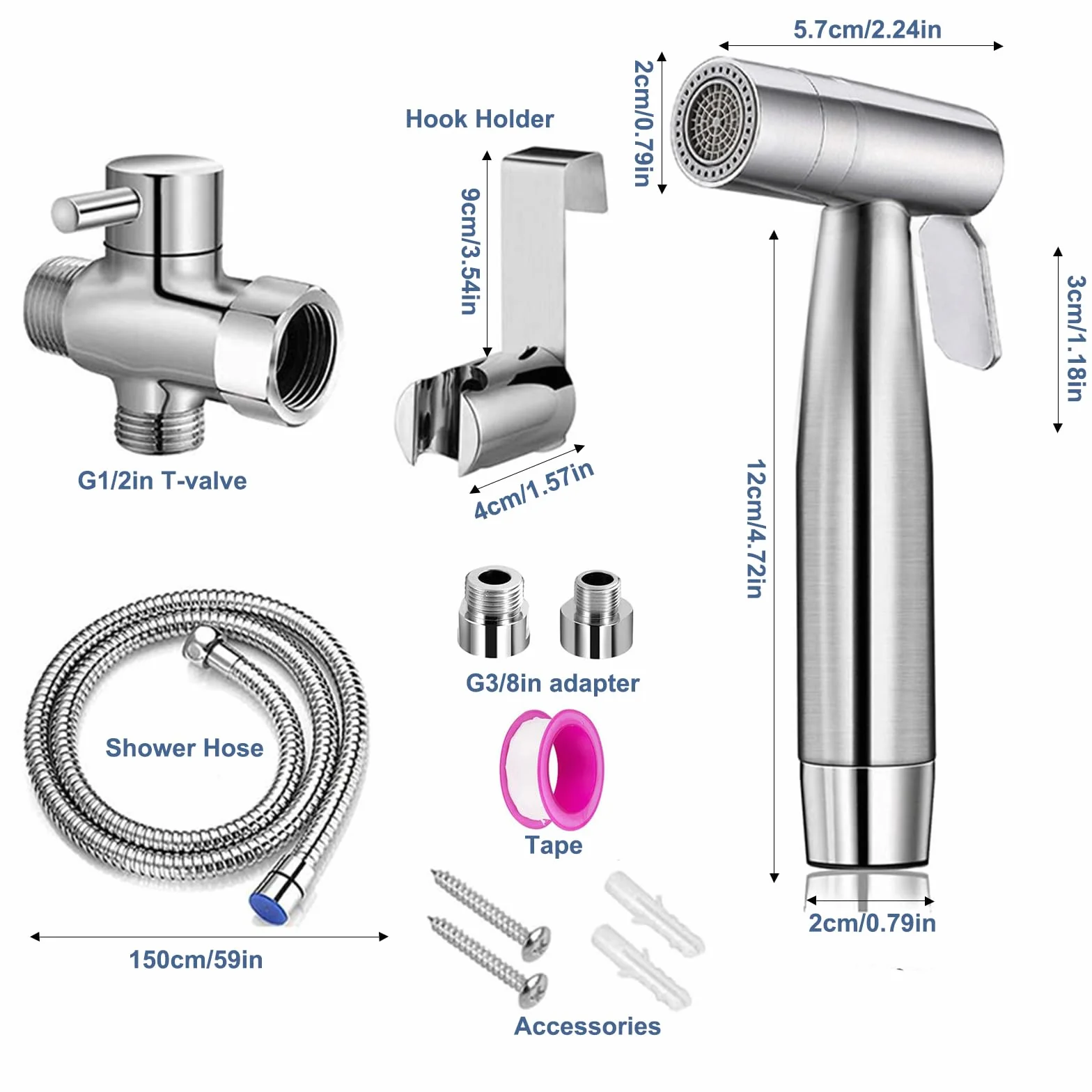 Bidet, ręczny spryskiwacz do toalety, podwójny tryb (Jet/Stream), do prysznica, łazienki, higieniczny papier toaletowy, czyszczenie pieluch, z zaworem G1/2" i G3/8" srebrny