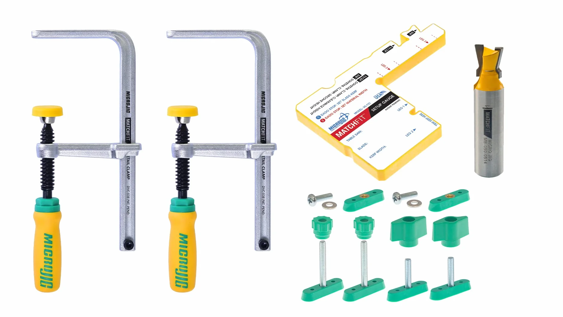 MICROJIG Matchfit DVC-1177K2 zacisk na jaskółczy ogon Pro, zielony/żółty/srebrny