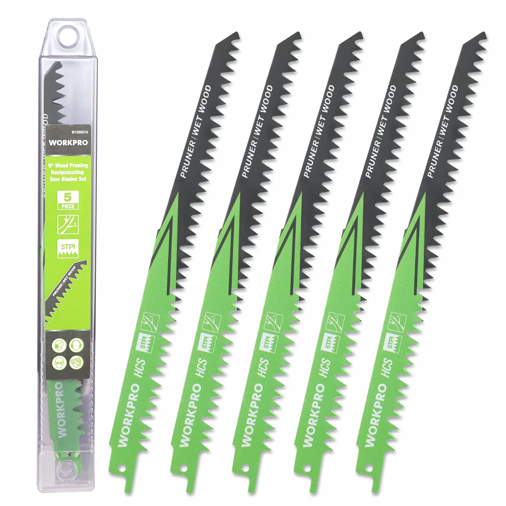 WORKPRO Zestaw brzeszczotów do piły szablastej 5-częściowy, brzeszczot 230 mm 5TPI wykonany z HCS, do cięcia gałęzi, drewna, plastiku, kompatybilny ze standardowymi piłami szablastymi