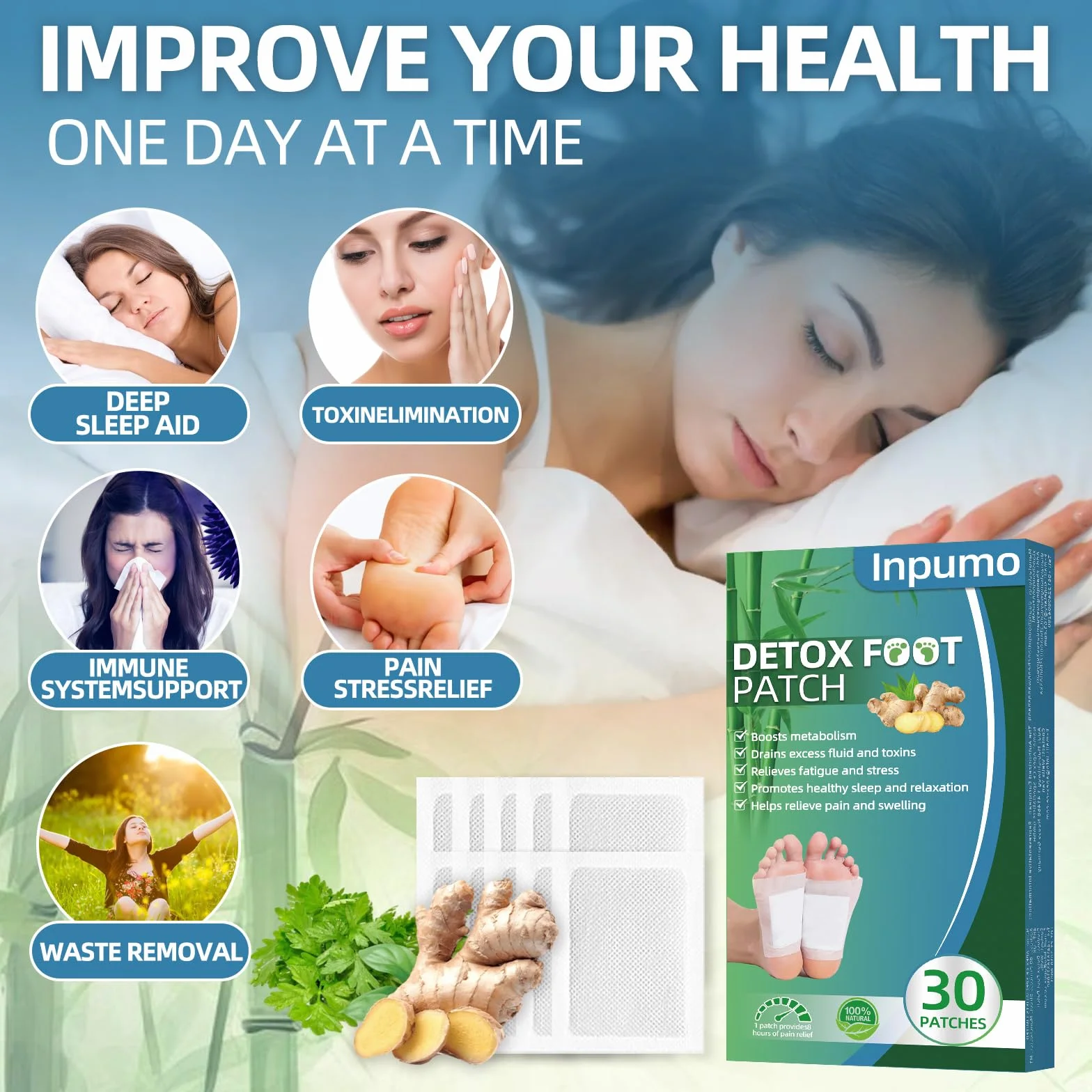 Inpumo Detox plastry do stóp, naturalne plastry detoksykujące do głębokiego oczyszczania, łagodzą stres organizmu, poprawiają jakość snu, poprawia krążenie krwi, 30 sztuk