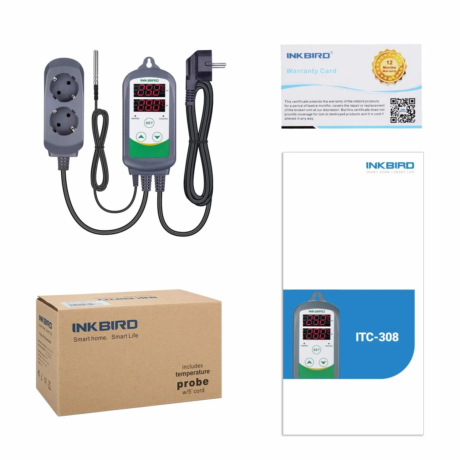 Inkbird ITC-308 Cyfrowy regulator temperatury z czujnikiem, przełącznikiem temperatury ogrzewania i chłodzenia, termostatem 230V