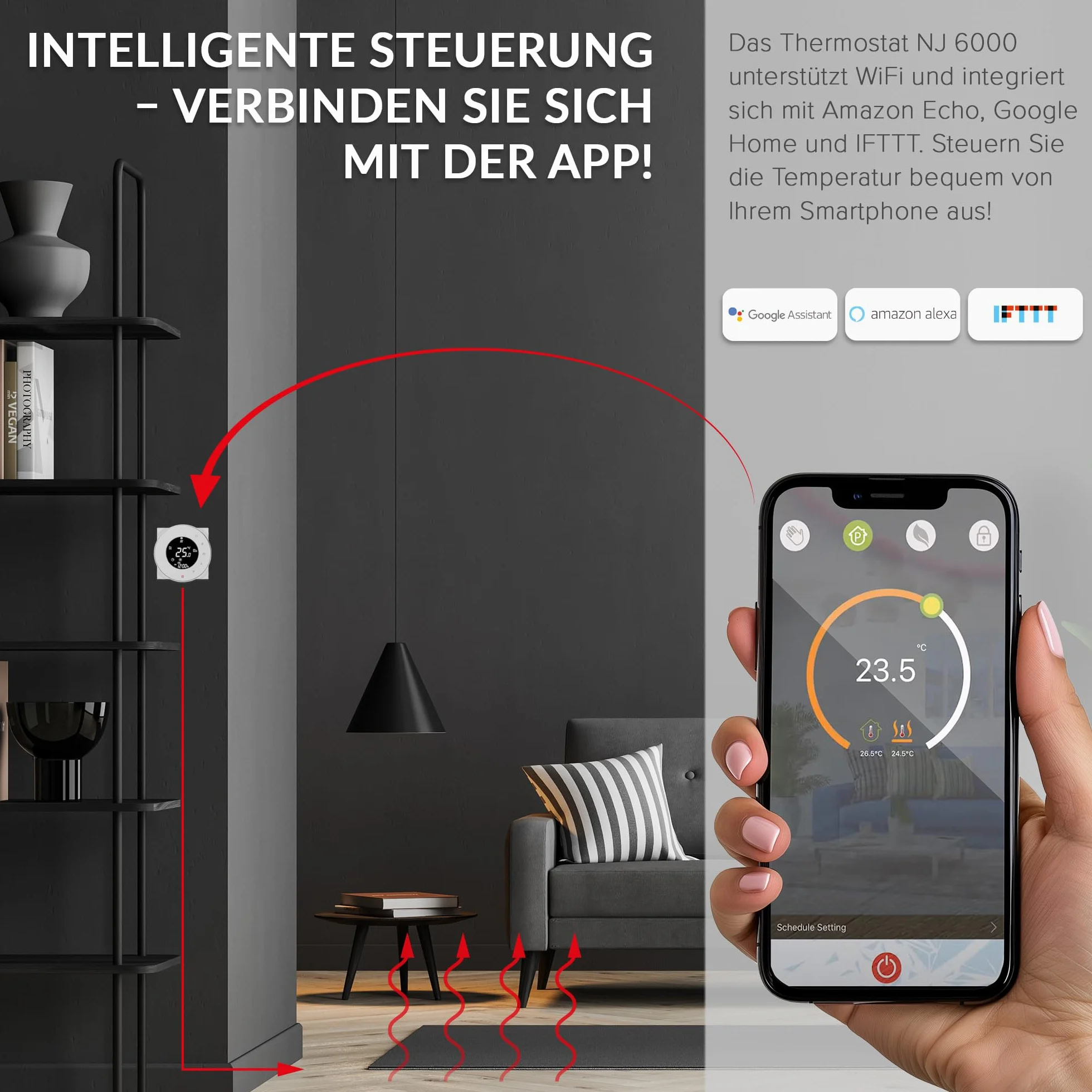 DREAM HEAT Inteligentny termostat, okrągły wyświetlacz dotykowy, sterowanie Wi-Fi, programowalne tryby, kompatybilny z Amazon Echo, Google Home