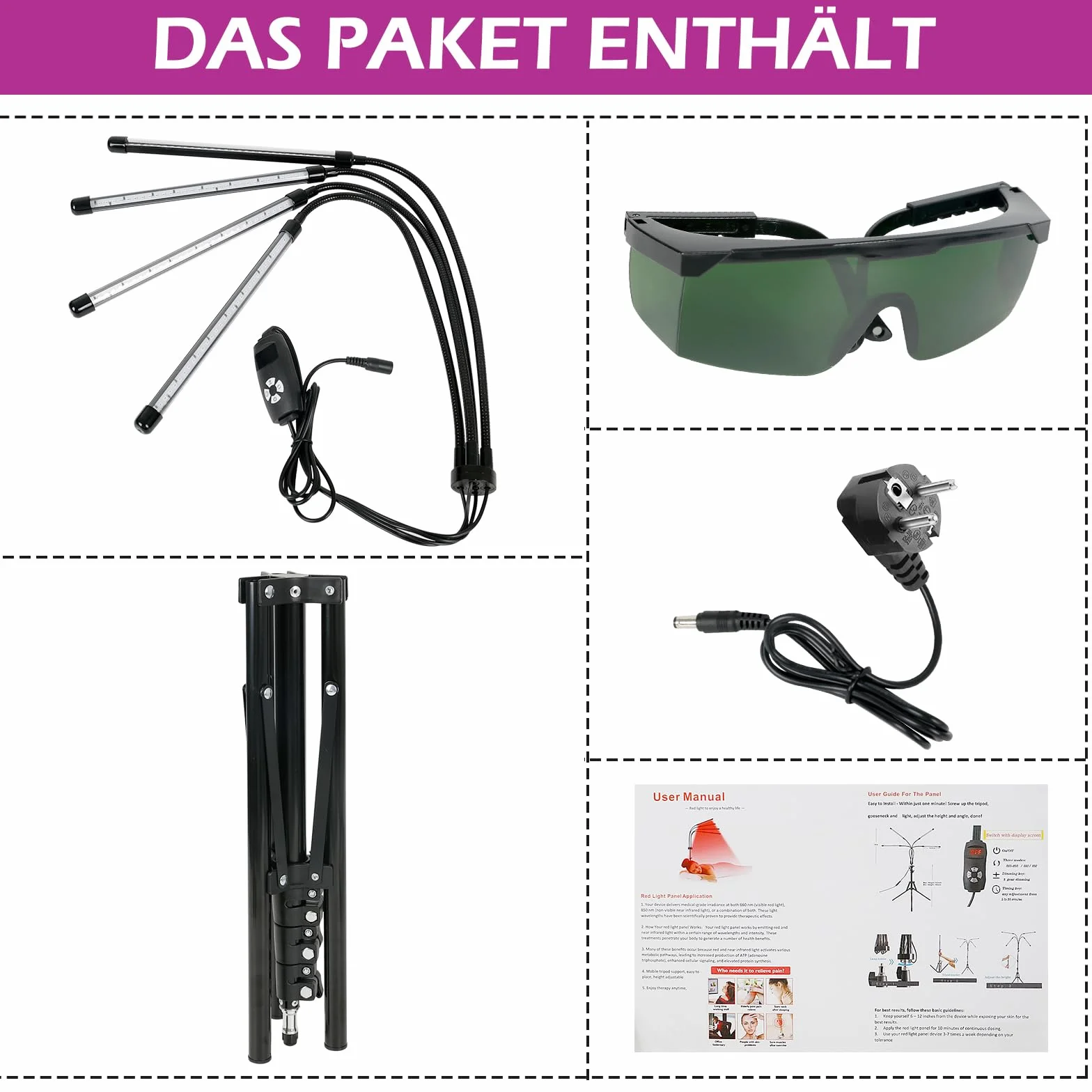 Lampa z czerwonym światłem ze stojakiem, 660 nm i 850 nm, lampa na podczerwień, lampa grzewcza, 4 głowice, terapia światłem na podczerwień, do łagodzenia bólu