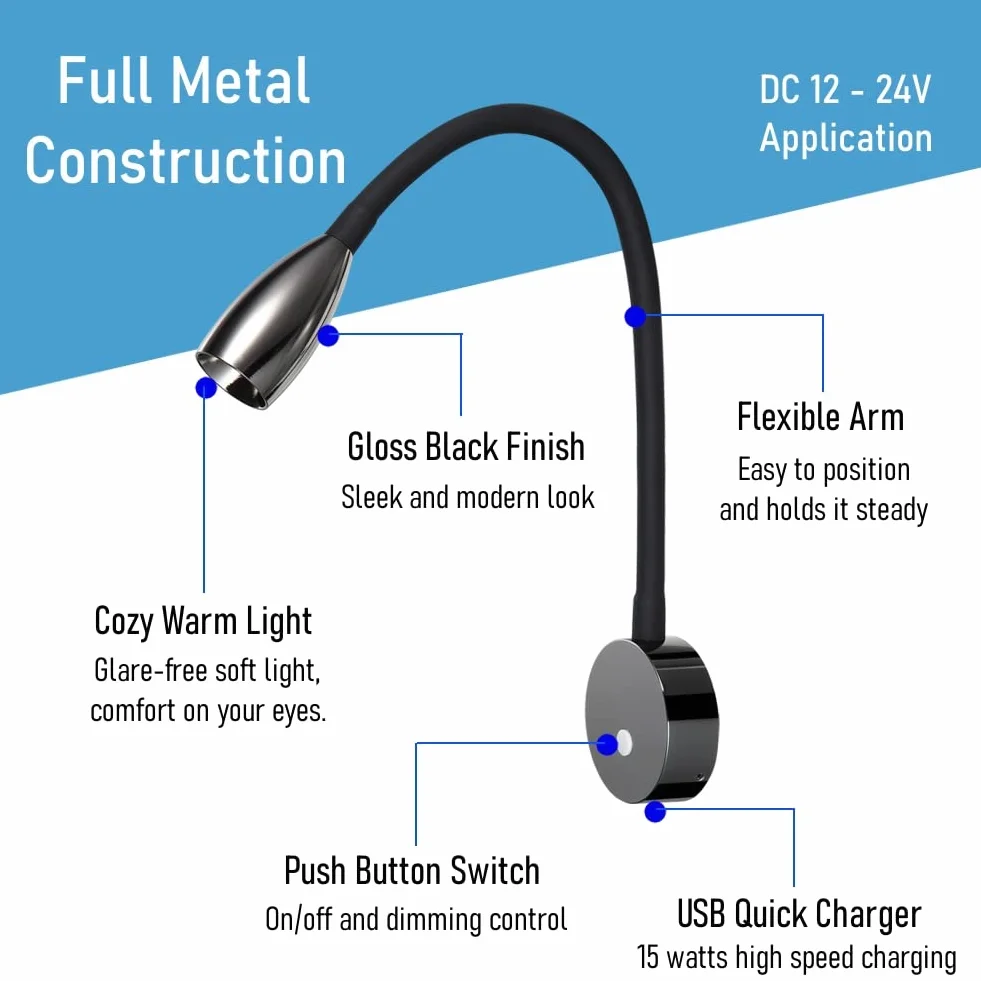 acegoo Lampa do czytania LED 12 V samochód kempingowy z ładowarką USB do łóżka nocnego, elastyczna szyjka łabędzia do ściemniania DC12-24 V do kabiny, ciężarówki, przyczepy kempingowej (czarny połysk)