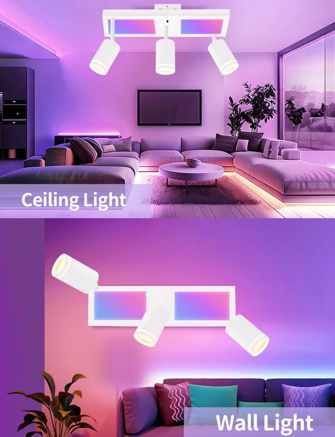 YindaLux Lampa sufitowa LED z 3 ściemnialnymi reflektorami z pilotem zdalnego sterowania, RGB 25 W 2850 lm, obrotowe reflektory sufitowe GU10, biała lampa sufitowa z dolnym blaskiem 10 W, 3 x 5 W