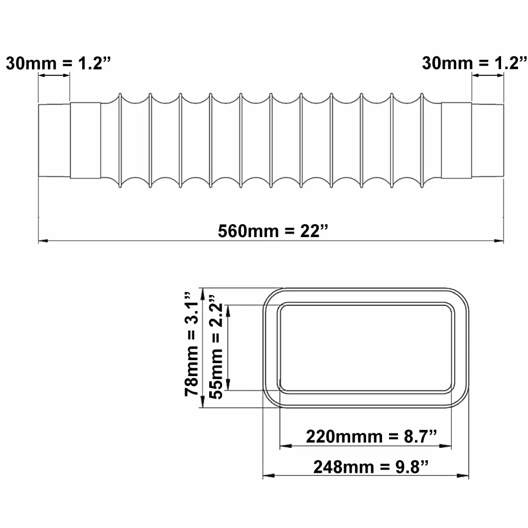 Prostokątny elastyczny wąż kanałowy PCW 220 x 55 mm, długość 50 cm, biały