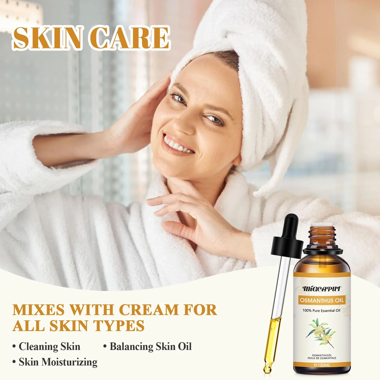 MIGCAPUT Olejek Eteryczny Osmanthus Fragrans 100ML, Olejki do Aromaterapii Premium, 100% Czysty Naturalny Olejki Aromaterapeutyczny do Dyfuzora Nawilżacza, SPA, Masażu, Snu, Mydła