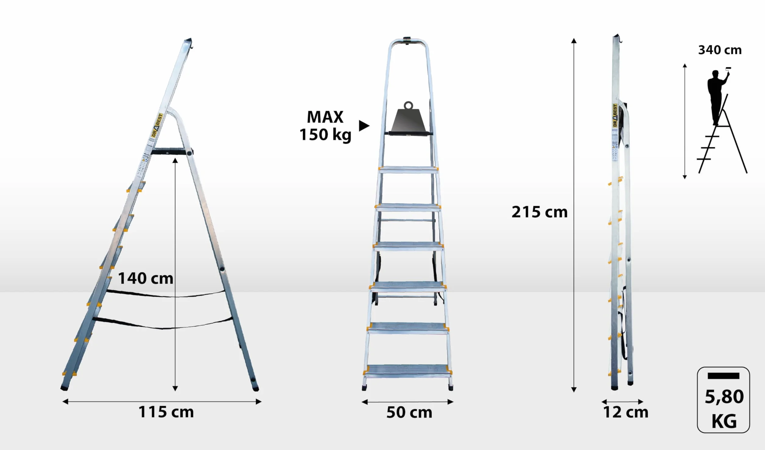 Drabest - PRO Drabina Domowa - 7 stopnie - Wysokość Robocza 3,40m - Drabina Składana Aluminiowa, z Praktyczną Półką, maks. 125 kg - z Platformą 25x26 cm, Antypoślizgowe stopki