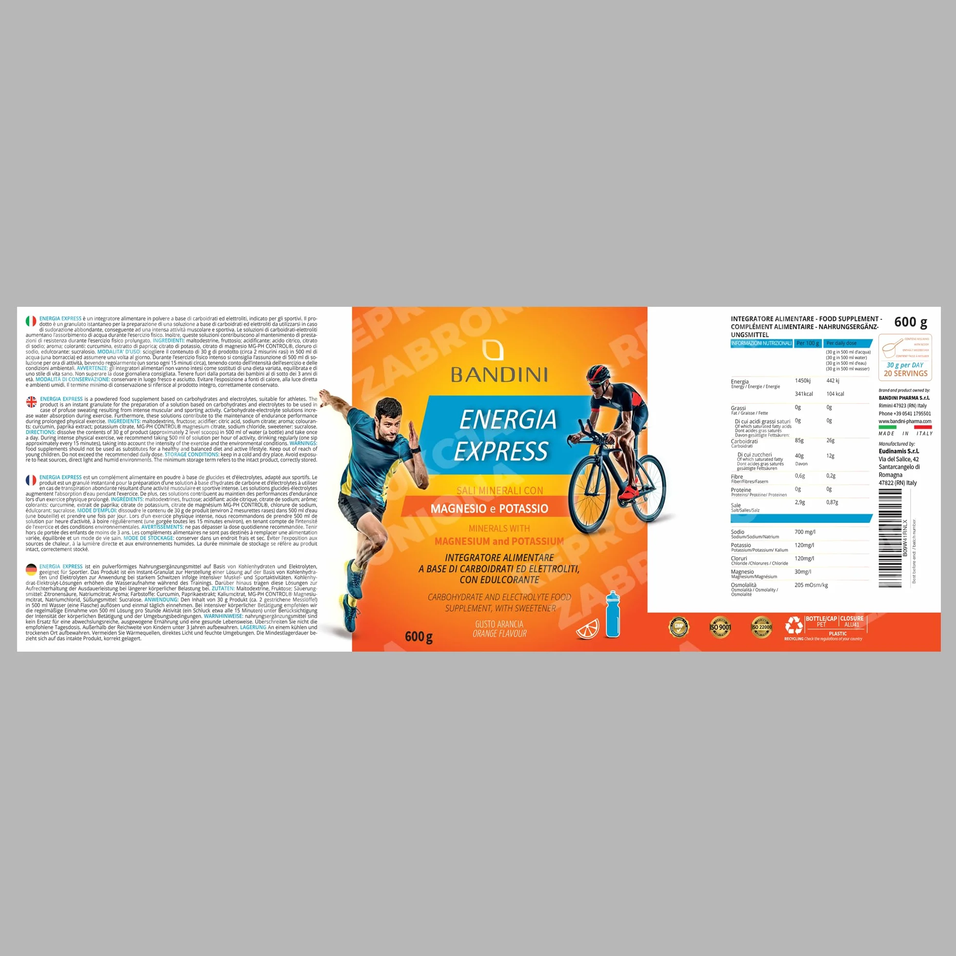 Bandini® Energia Express 600 g - Bandini Pharma suplementy diety - Na bazie węglowodanów i elektrolitów - opakowanie 600 g - Sole mineralne z magnezem i potasem