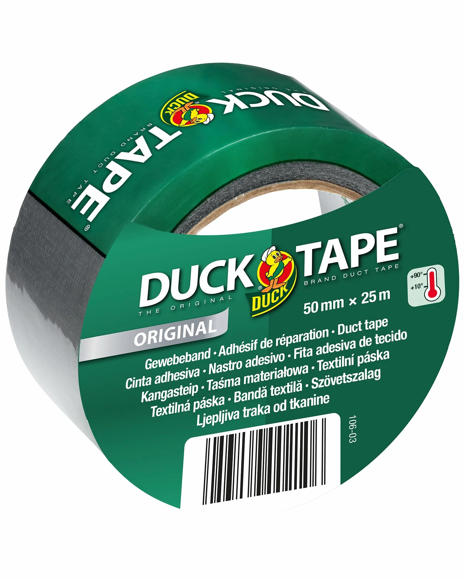 DUCK TAPE 106-03 Oryginalna taśma z tkaniny, samoprzylepna taśma klejąca z wodoodporną powierzchnią, bardzo mocna, do wewnątrz i na zewnątrz, 50 mm x 25 m, srebrna