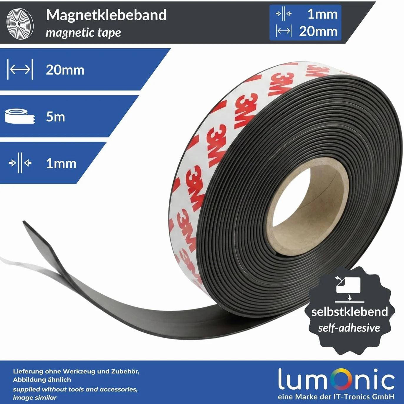 Lumonic 5m Magnetyczna tasma klejaca | 20x1mm | Elastyczny, samoprzylepny, moze byc przycinany do rozmiaru, bez wiercenia | Moskitiera, szkola i tablica