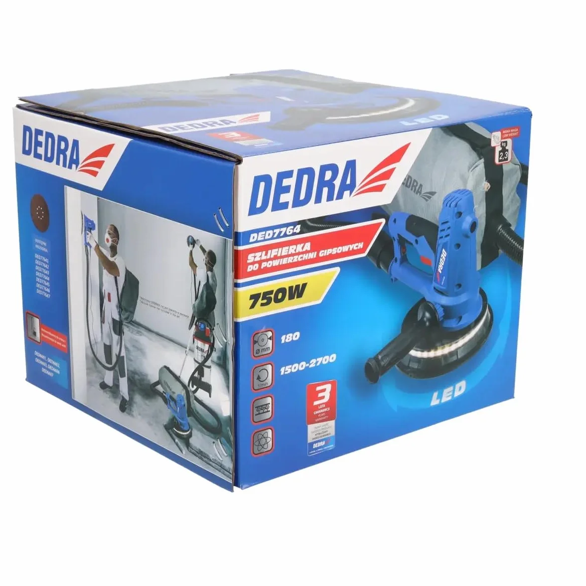 Ręczna szlifierka budowlana z oświetleniem LED DEDRA, 750 W, 1500-2700 obr./min, 180 mm, talerz szlifierski, do obróbki gipsu, z odsysaniem kurzu, waga 3,1 kg, długi kabel 4 m