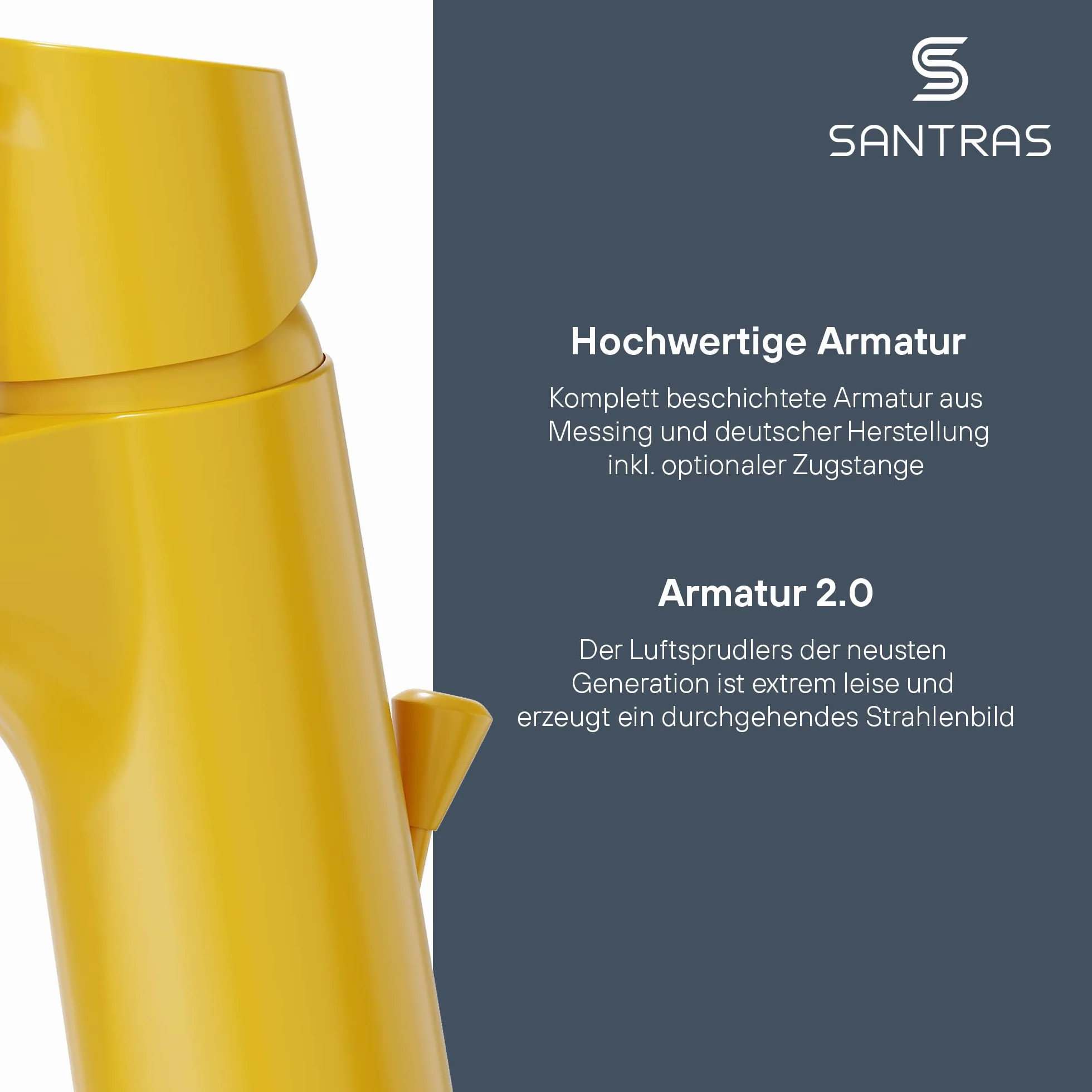 SANTRAS® Bateria umywalkowa do łazienki z mimośrodowym zestawem odpływowym i drążkiem w kolorze żółtym - jednouchwytowa bateria mieszająca ciepła zimna do otworu umywalka kran MADE IN GERMANY