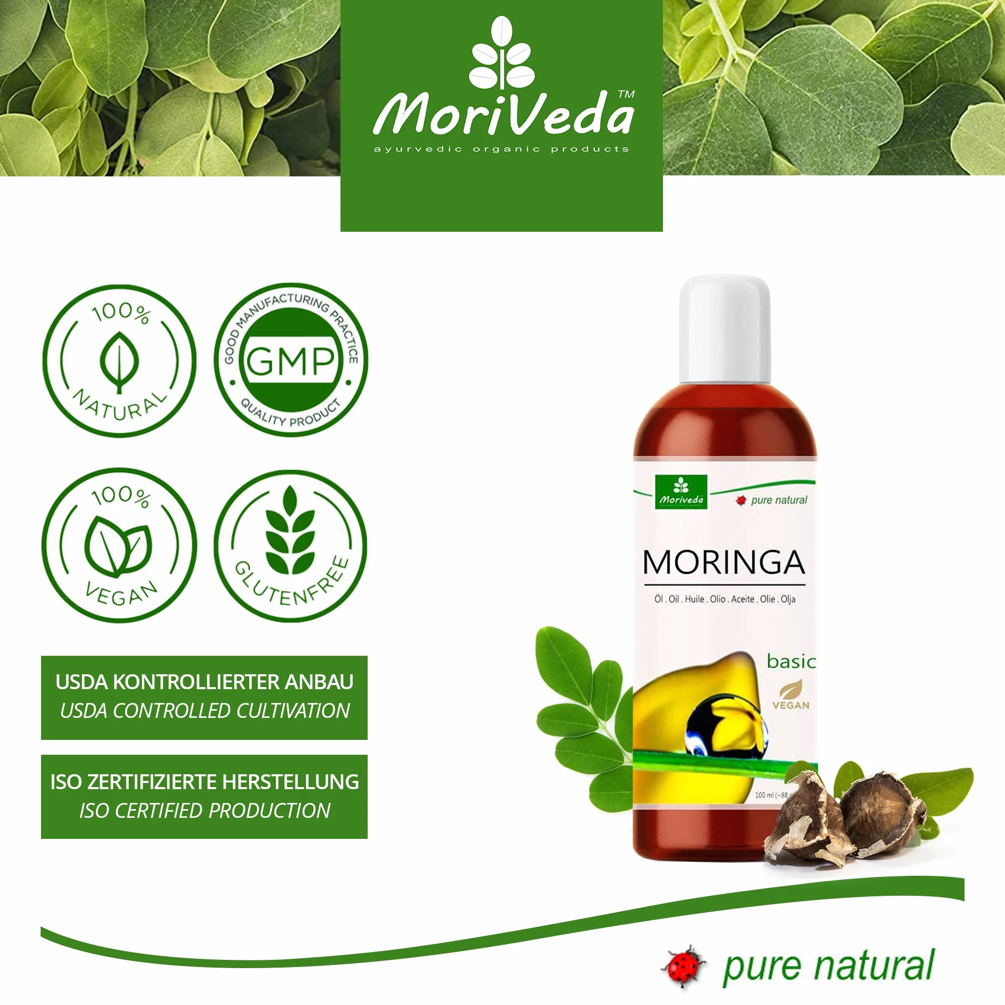 Olej Moringa Basic 100ml tłoczony na zimno MoriVeda - pielęgnacja skóry i włosów