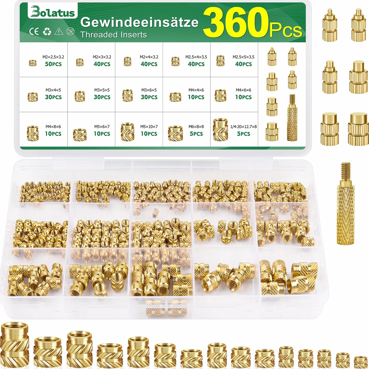 360 szt. wkładki gwintowane M2 M2.5 M3 M4 M5 M6, nakrętki do topienia Bolatus mosiądz z lutownicą pomoc do topienia, radełkowane gwint do części z tworzywa sztucznego, wkładki gwintowane do części