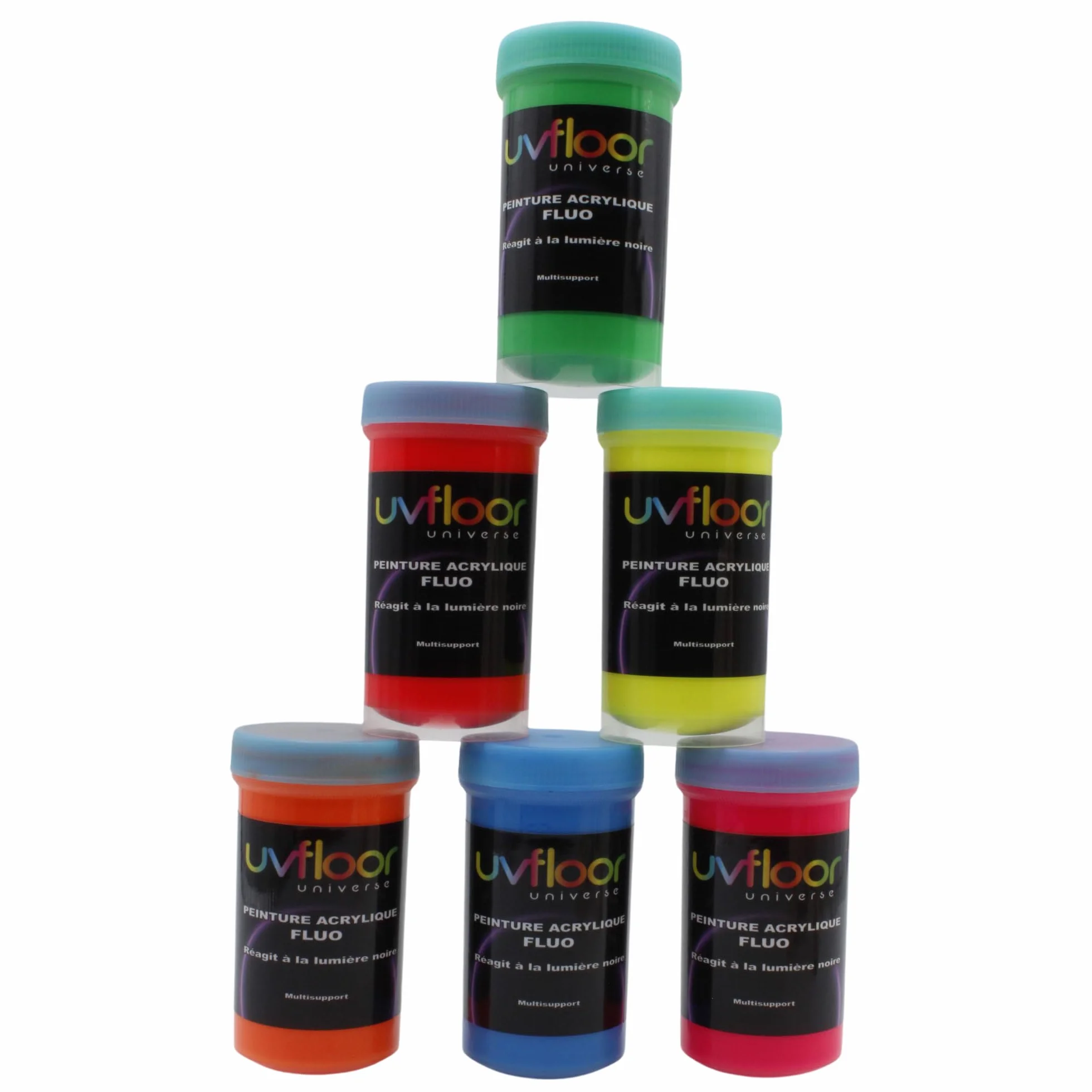 UV FLOOR - Zestaw startowy Fluo Farba akrylowa - Specjalne czarne i ultrafioletowe światło - Błyskotliwe - Fluid I Ultra Pigmentowane - Fluorescencyjne - 6 x 100ml