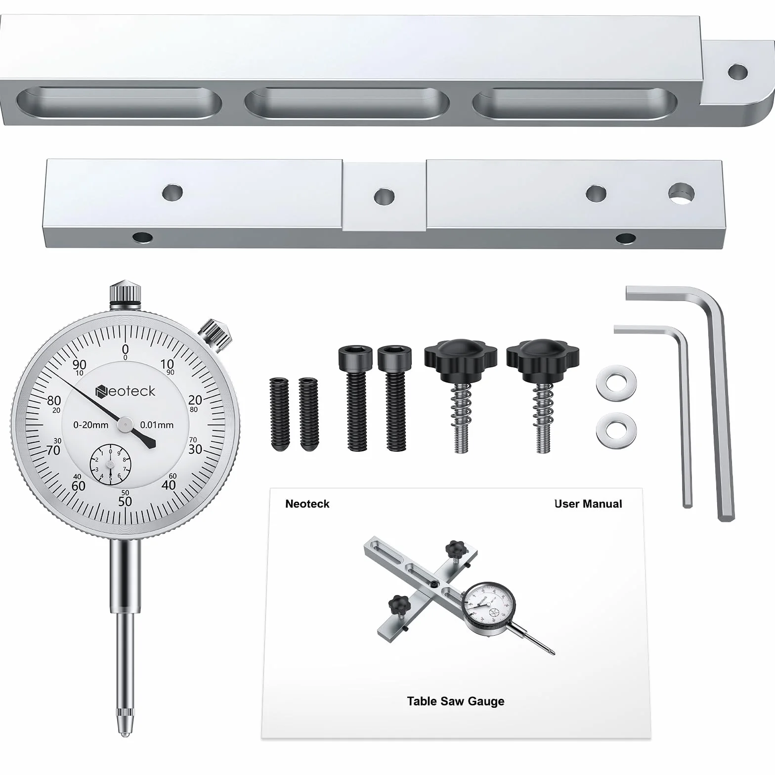 Neoteck Mechaniczny komparator 0-20 mm 0,01 mm z anodowanym prętem aluminiowym