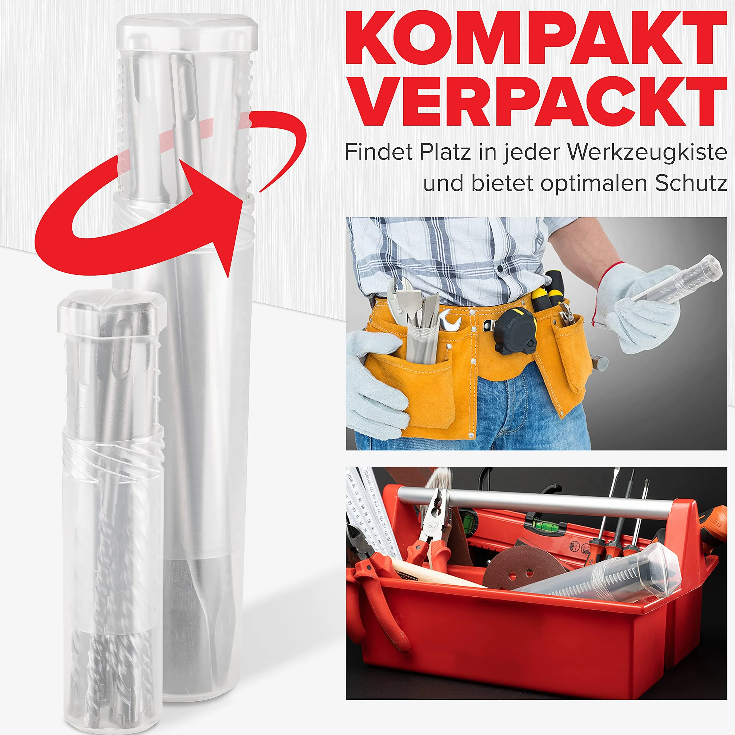 KSP-Tec® SDS Plus zestaw wierteł + dłut, w zestawie dłuto do płytek, wiertło udarowe do betonu z 4 ostrzami, wiertło do betonu, zapakowane w praktyczne pudełko obrotowe (11 sztuk)