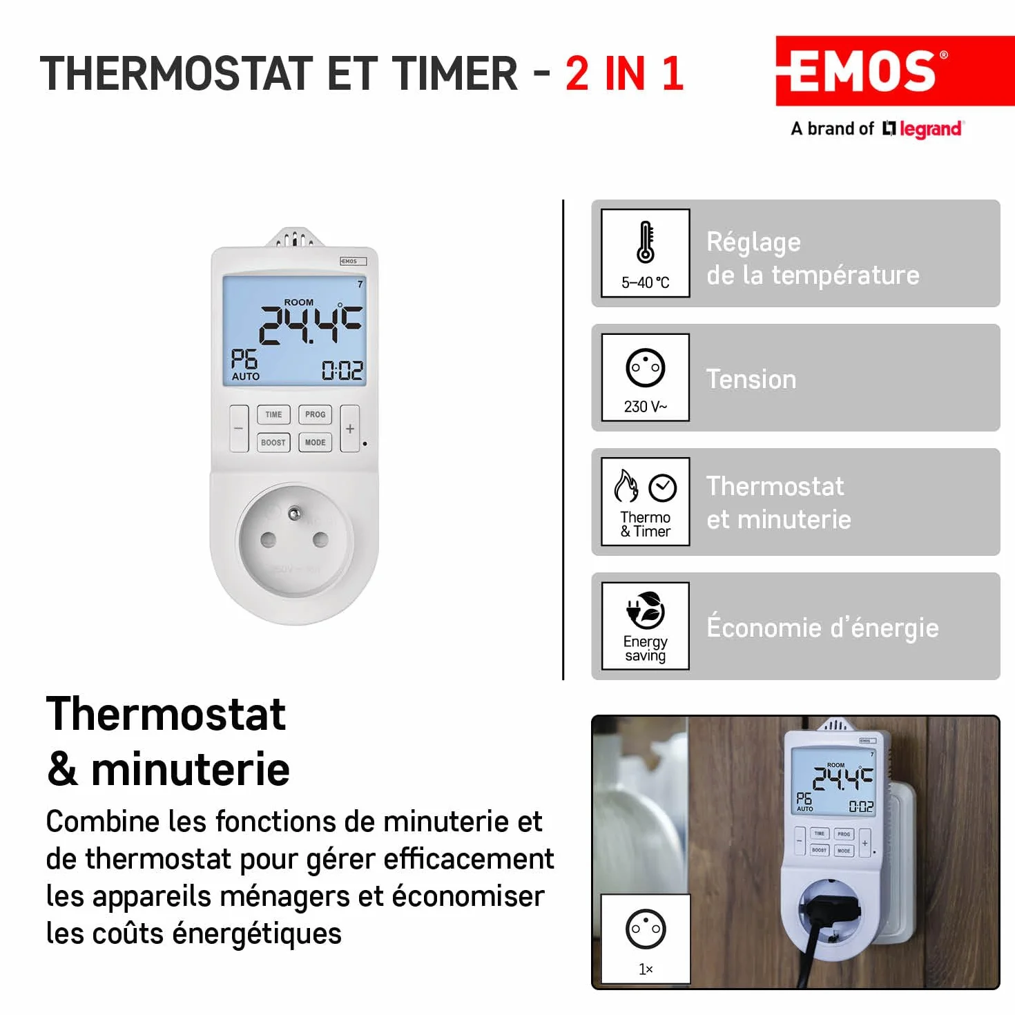 EMOS P5660FR termostat gniazdkowy i programator czasowy, cyfrowy regulator temperatury pomieszczenia i gniazdo czasowe do ogrzewania i chłodzenia, grzejnika, ogrzewania na podczerwień, aqua/terra,