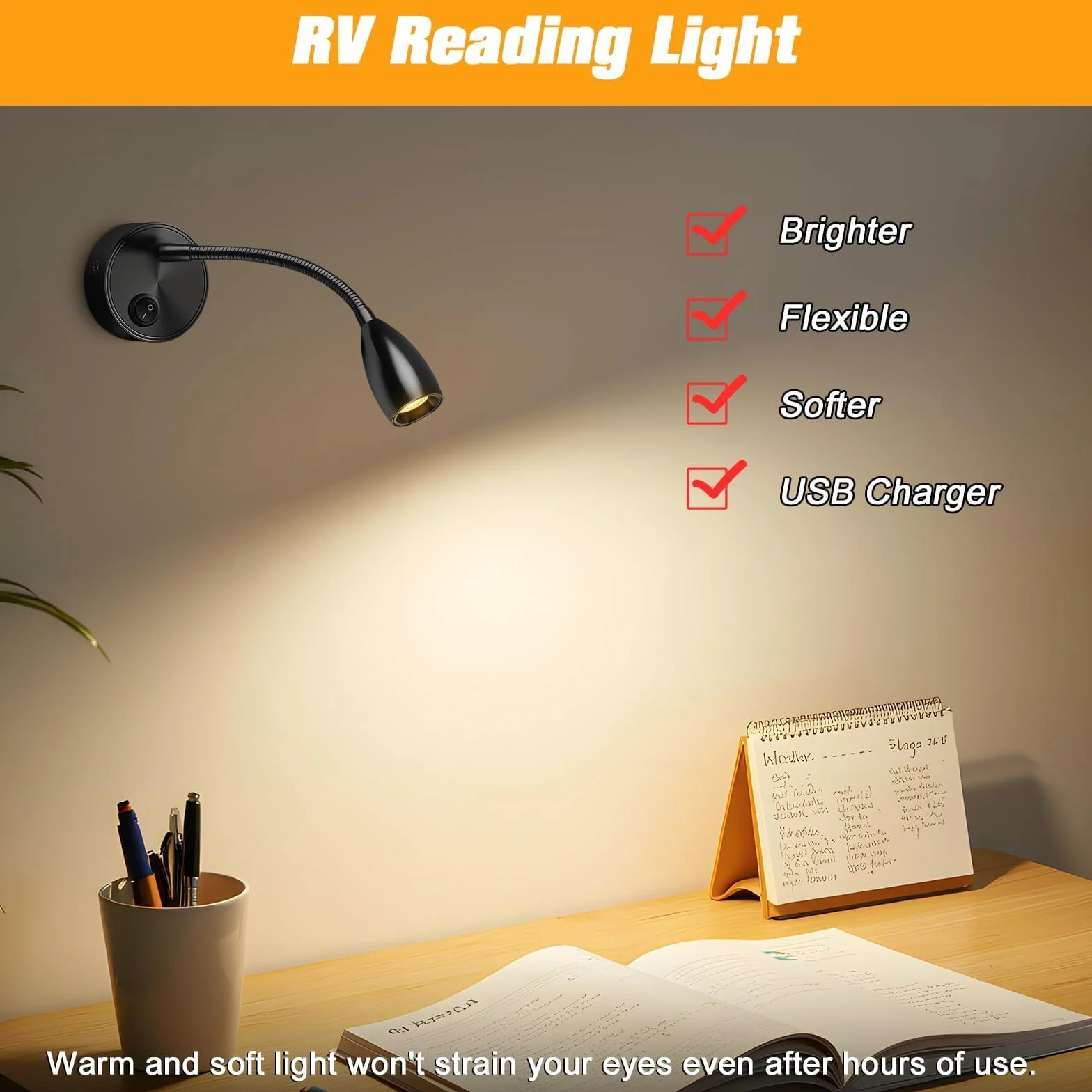 ERWEY 2er LED Lampa do czytania 12V Camper, 3W 3000K Lampa ścienna Lampa Łóżkowa z elastyczną gęsią szyją i portem ładowania USB DC12-24V Spot do łodzi, jachtu, vana oświetlenie wnętrza, czarny