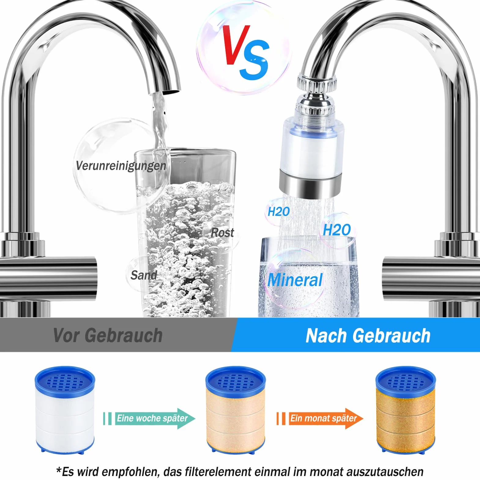 2 sztuki filtrów do wody, kran, filtr do wody pitnej, 360° filtr wody z kranu z 4 wkładami filtrującymi do wody, do kuchni, łazienki