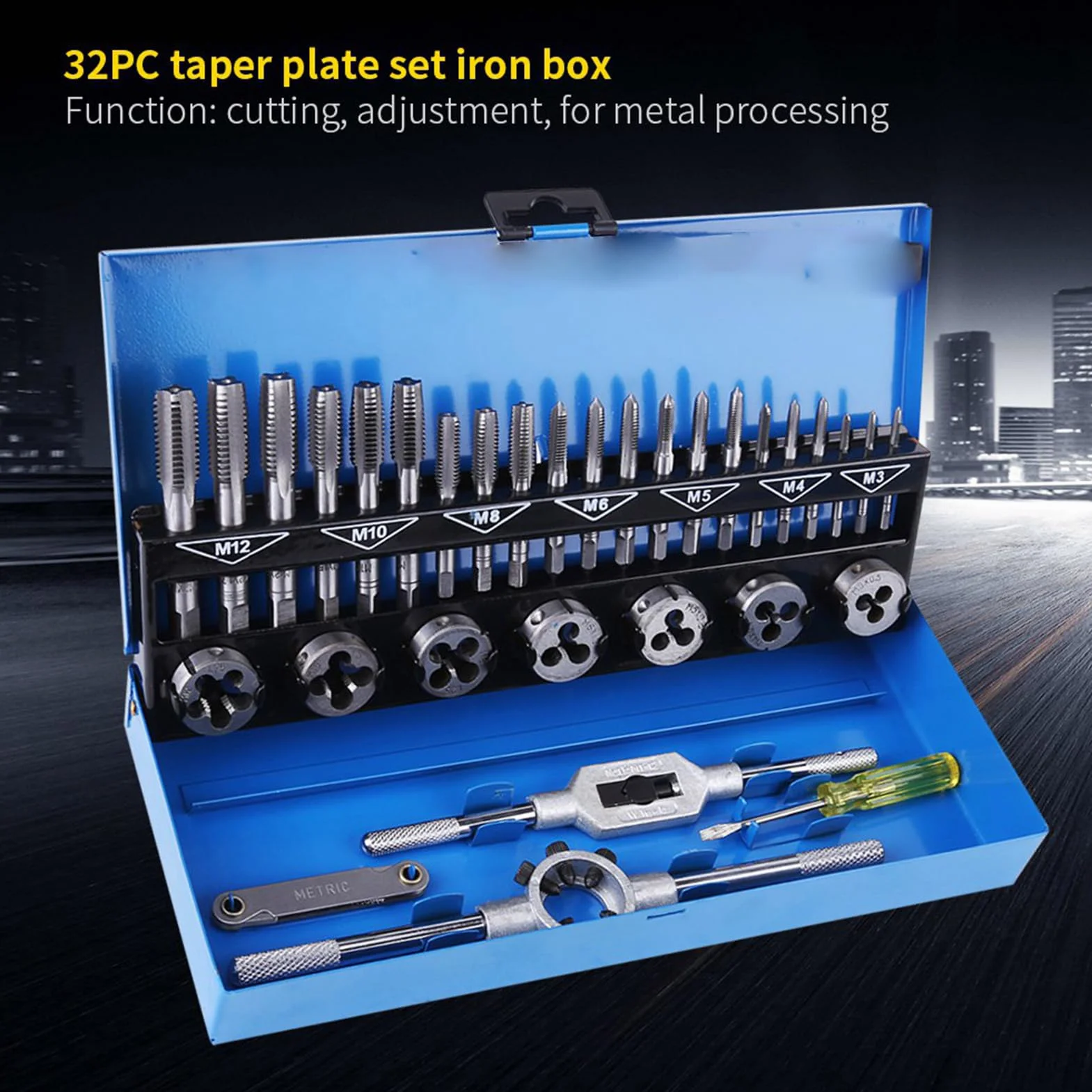 Tap and Die Set, Zestaw dotknij, M3, M4, M5, M6, M7, M8, M10, M12 Set i zestaw matrycy, zestawy naprawy wątków do gwintowania oraz rethreading wewnętrzne i zewnętrzne, 32 pCS