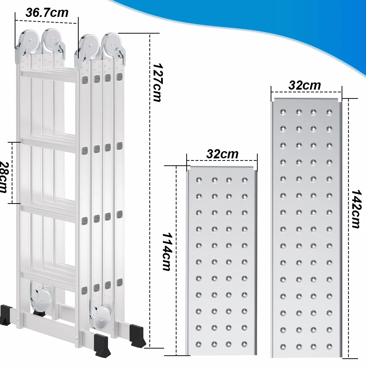 Ikodm 4,7 m 4 x 4 stopnie aluminiowa drabina wielofunkcyjna, z platformą, drabina z 2 płytami rusztowania, drabina do 150 kg, drabina wielofunkcyjna, składana drabina 16 stopni, srebrna