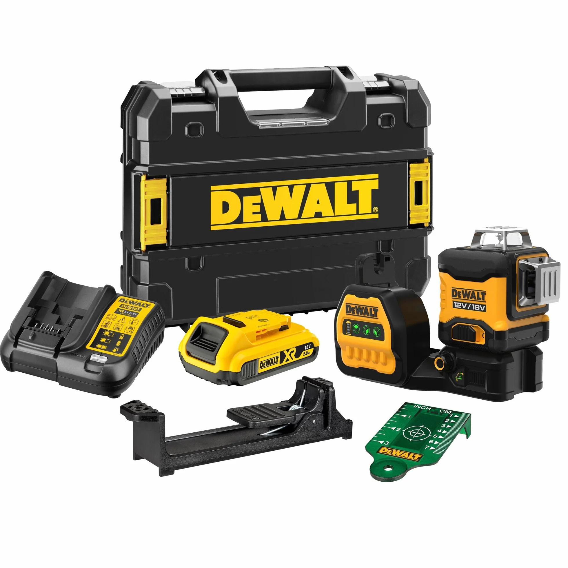 DEWALT DCE089D1G18-QW DCE089D1G18-QW-Poziom 3-liniowy 360° XR 18V/12V Samooczny zielony laser z akumulatorem 18V Li-Ion 2Ah, srebrny
