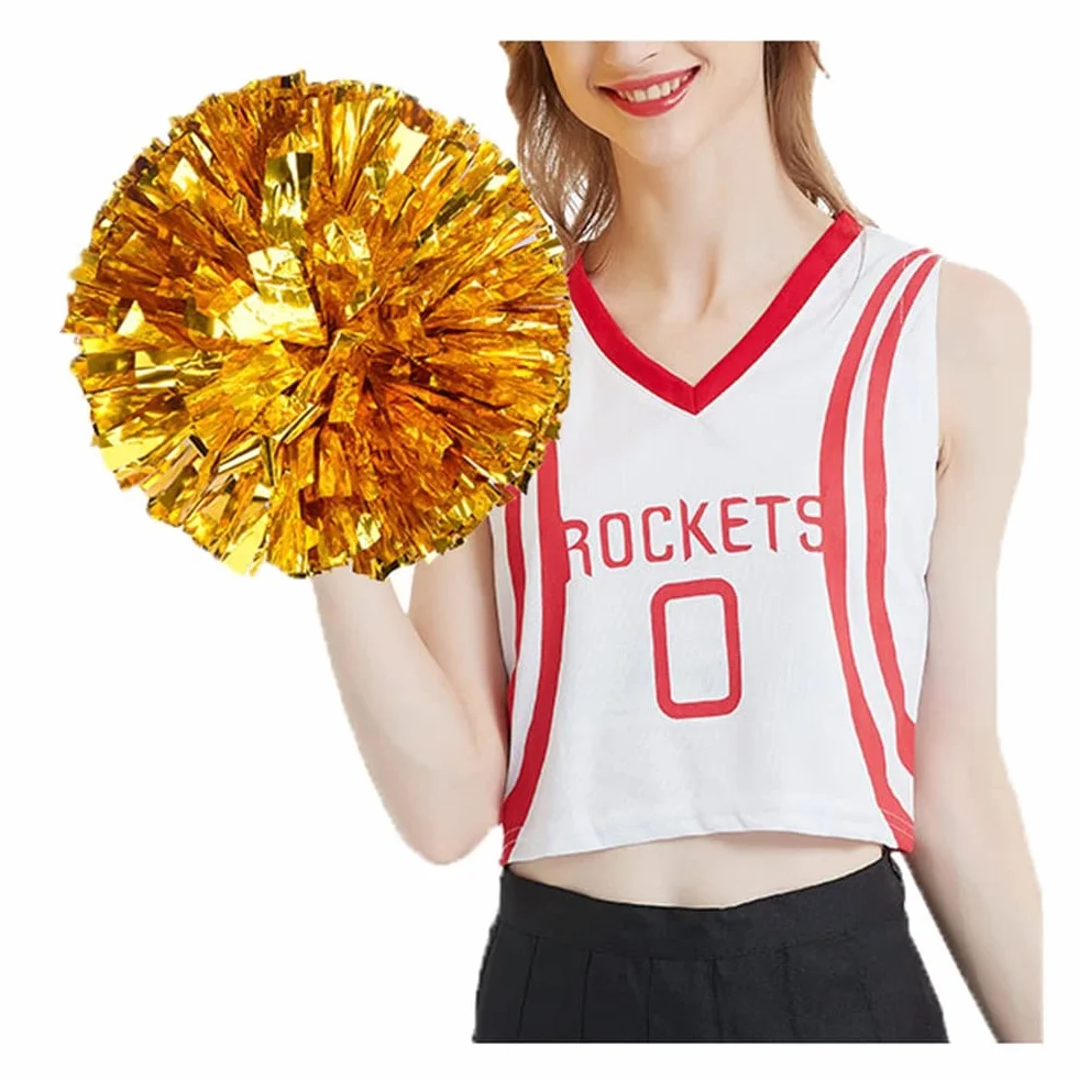 2 pompony cheerleaderki, metalowe, foliowe, pompony cheerleaderki, pompony z pierścieniem cheerleaderki, ręcznie kwiaty, na imprezy sportowe, gry w piłkę, tańce, imprezy karnawałowe, złote