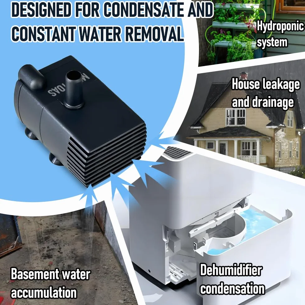 Mała automatyczna pompa zęzowa z czujnikiem wody, podnoszenie 2,5 m, 280 l/h z wężem 1,8 m, mini pompa kondensacyjna 115/230 V do osuszacza powietrza