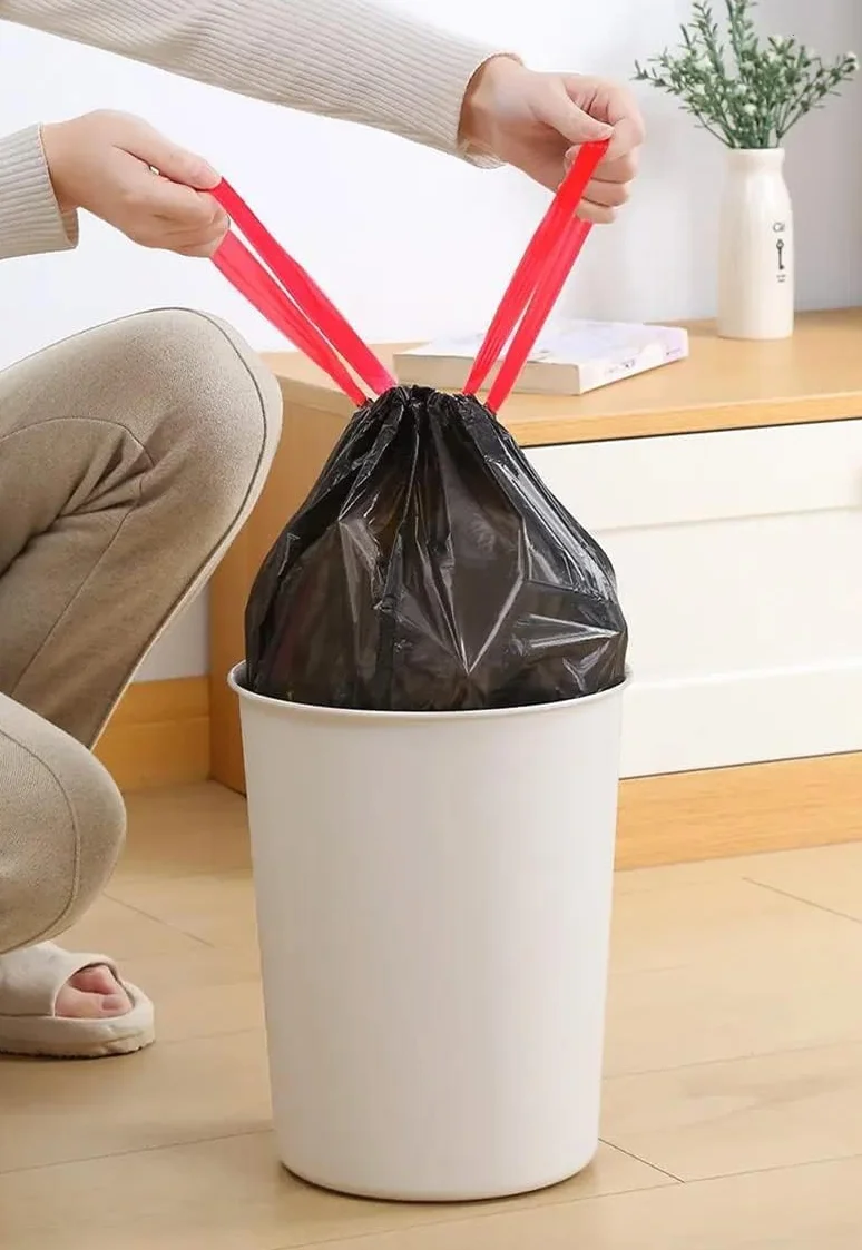 Czarne worki na śmieci z uchwytami do krawatów, mocne wkładki do kosza, 10–15 l, 75 worków (5 rolek x 15), bezzapachowe worki na śmieci do łazienki, na pedały, do kuchni i biura, trwałe worki