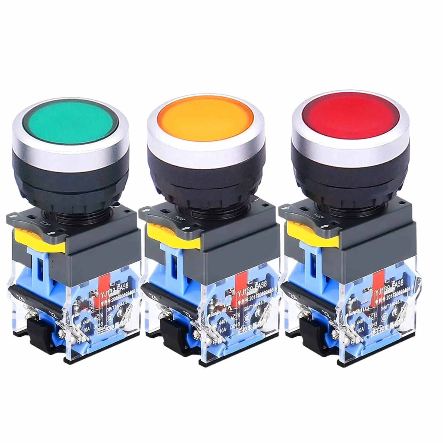 Chwilowy przełącznik przyciskowy czerwony, zielony, żółty, 22 mm, 10 A, 660 V, 4 zaciski, IP54, funkcja Start Stop