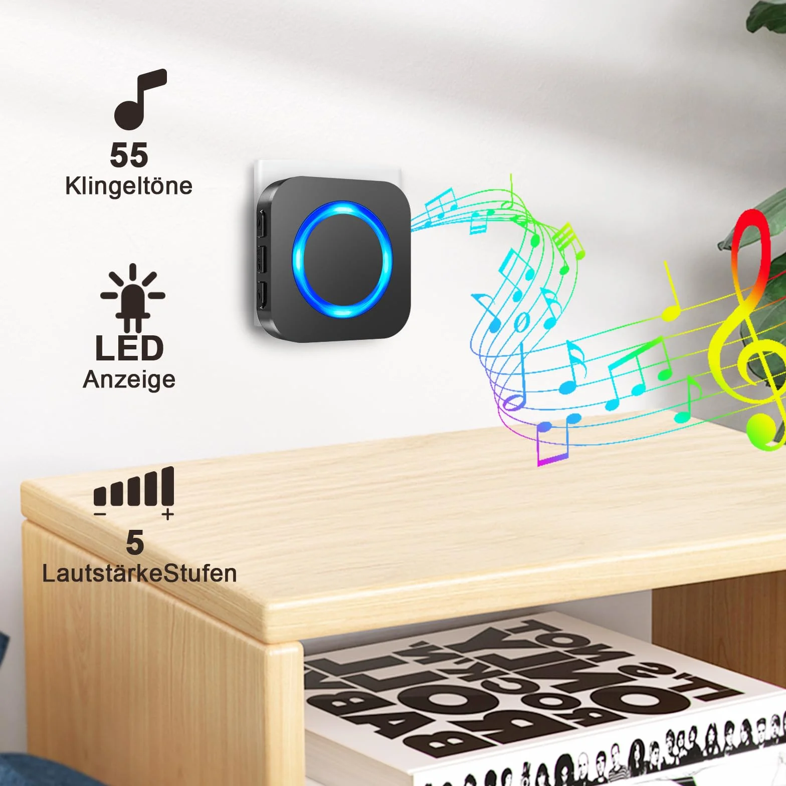 SURFOU Bezprzewodowy dzwonek do drzwi z odbiornikiem plug-in, zasięg 400 m, wodoszczelny, 55 dźwięków dzwonków, 5 głośności, migające diody LED, czarny