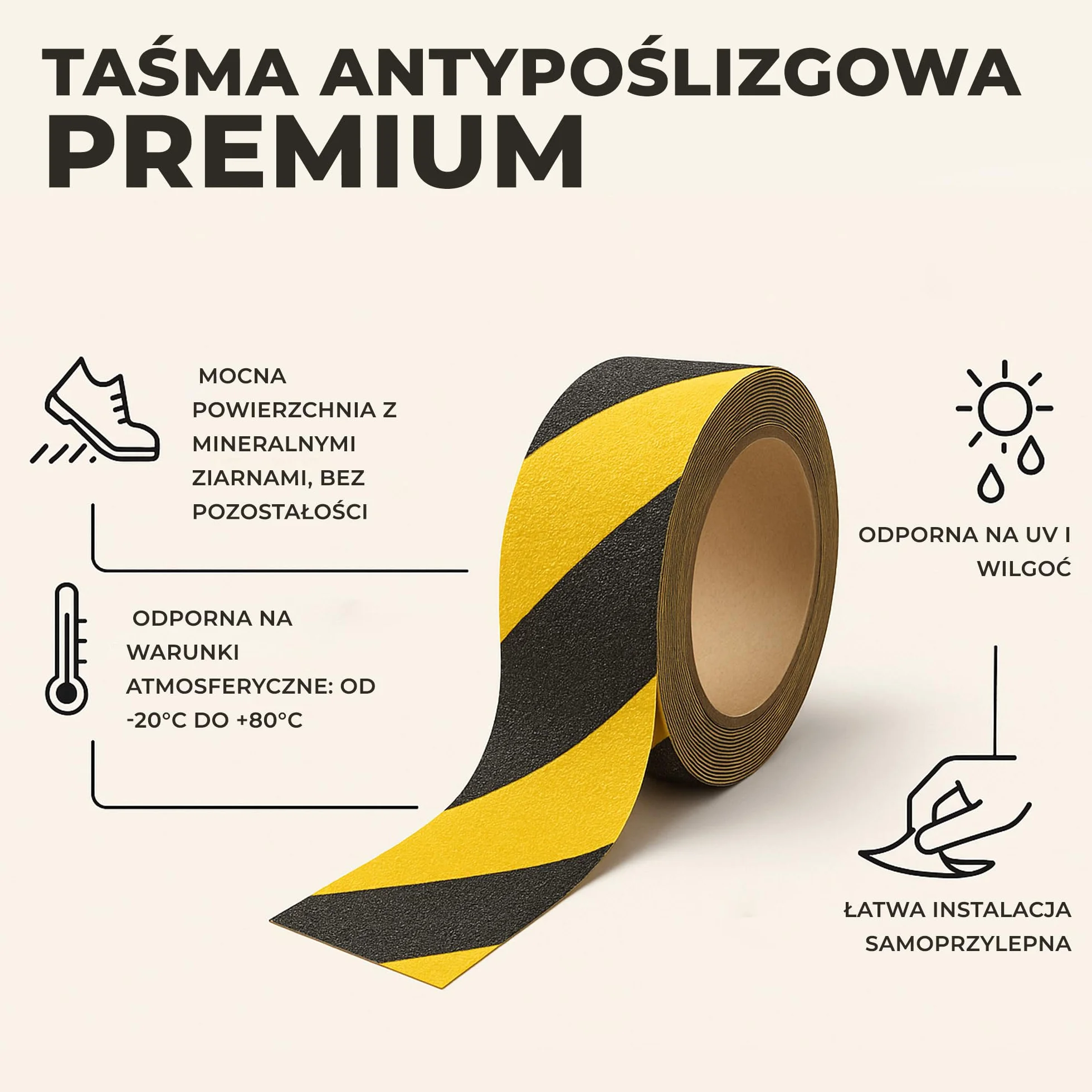 Taśma antypoślizgowa [18 m × 2,5 cm] | Czarna | Samoprzylepna taśma zabezpieczająca schody i podłogi | Do wnętrz i na zewnątrz | Paski antypoślizgowe na stopnie