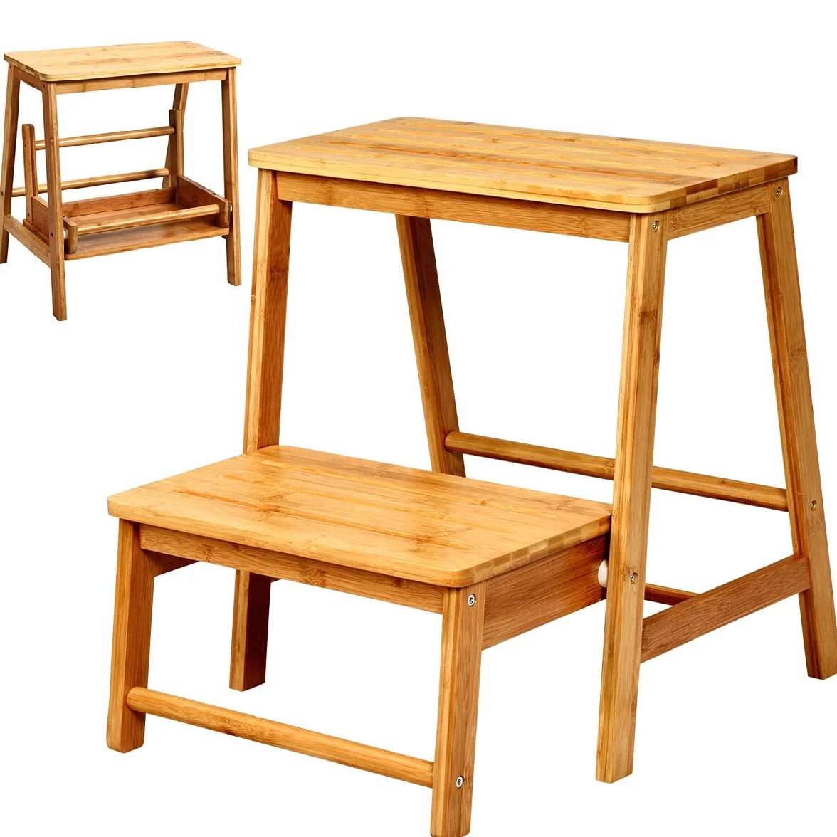 GIANTEX taboret 2 stopnie, krzesło drabinkowe z litego drewna składane, drabinka drabinkowa 45x33x48 cm, stojak drabinkowy drewniany mała drabinka do użytku domowego, składane stopnie bambusowe