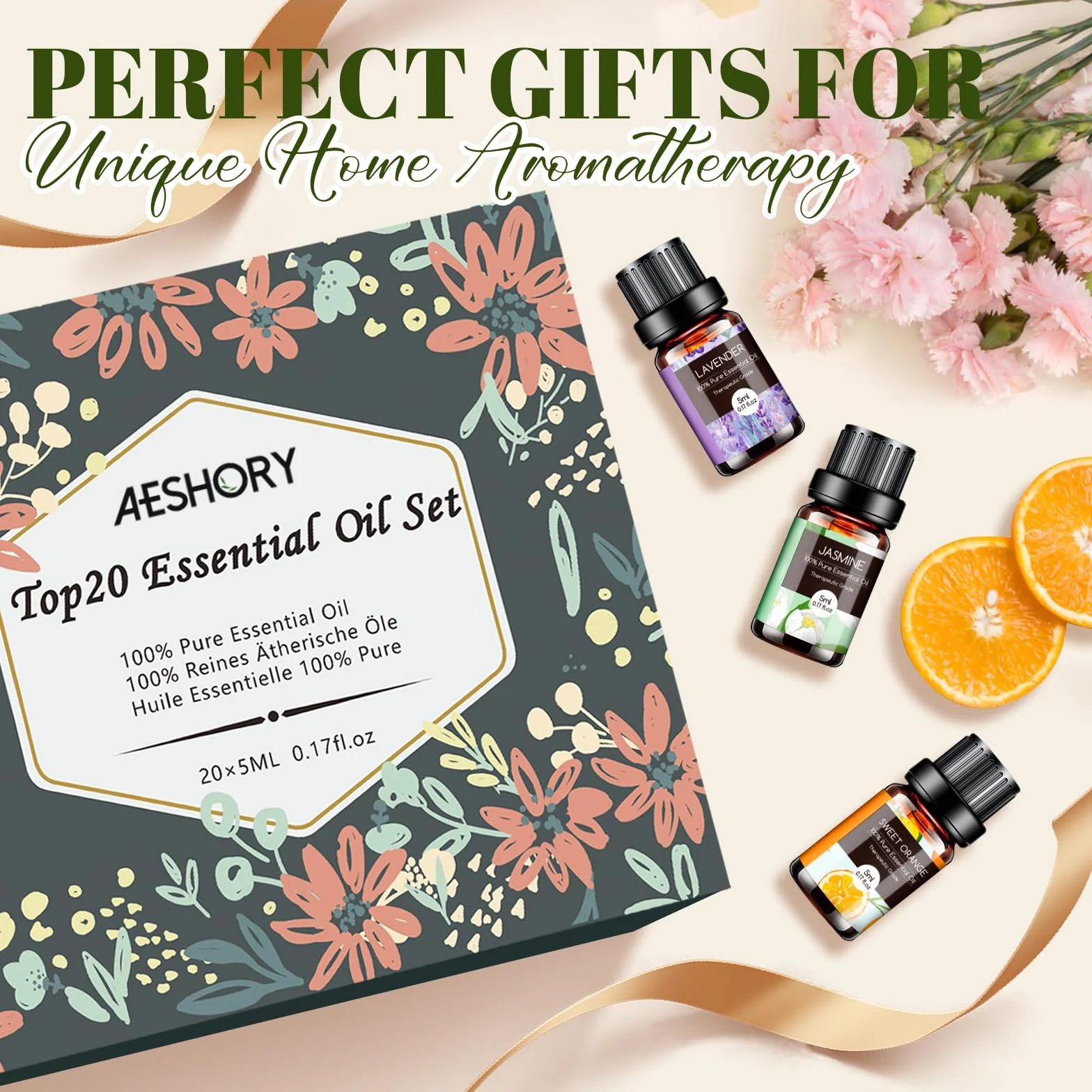 Aeshory Zestaw Olejków Eterycznych 20 X 5 ml, 100% Naturalny Czysty Olejek Eteryczny Do Aromaterapii Do Dyfuzorów Domowych, Nawilżaczy, Do Relaksu, Czyszczenia, Wyrobu Mydła I Świec