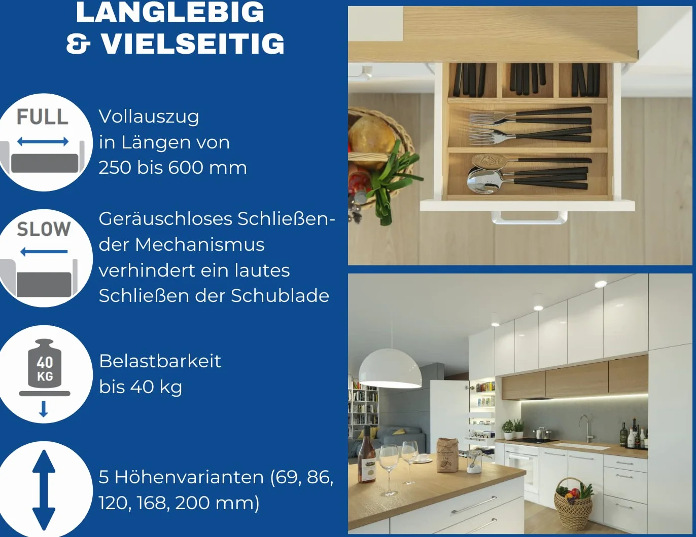 GTV System szuflad AXIS PRO I zestaw szuflad z pełnym wysuwem i zintegrowaną amortyzacją I antracyt I obciążenie do 40 kg I Soft-Close I swobodny dostęp I szerokość: 450 mm I wysokość: 86 mm