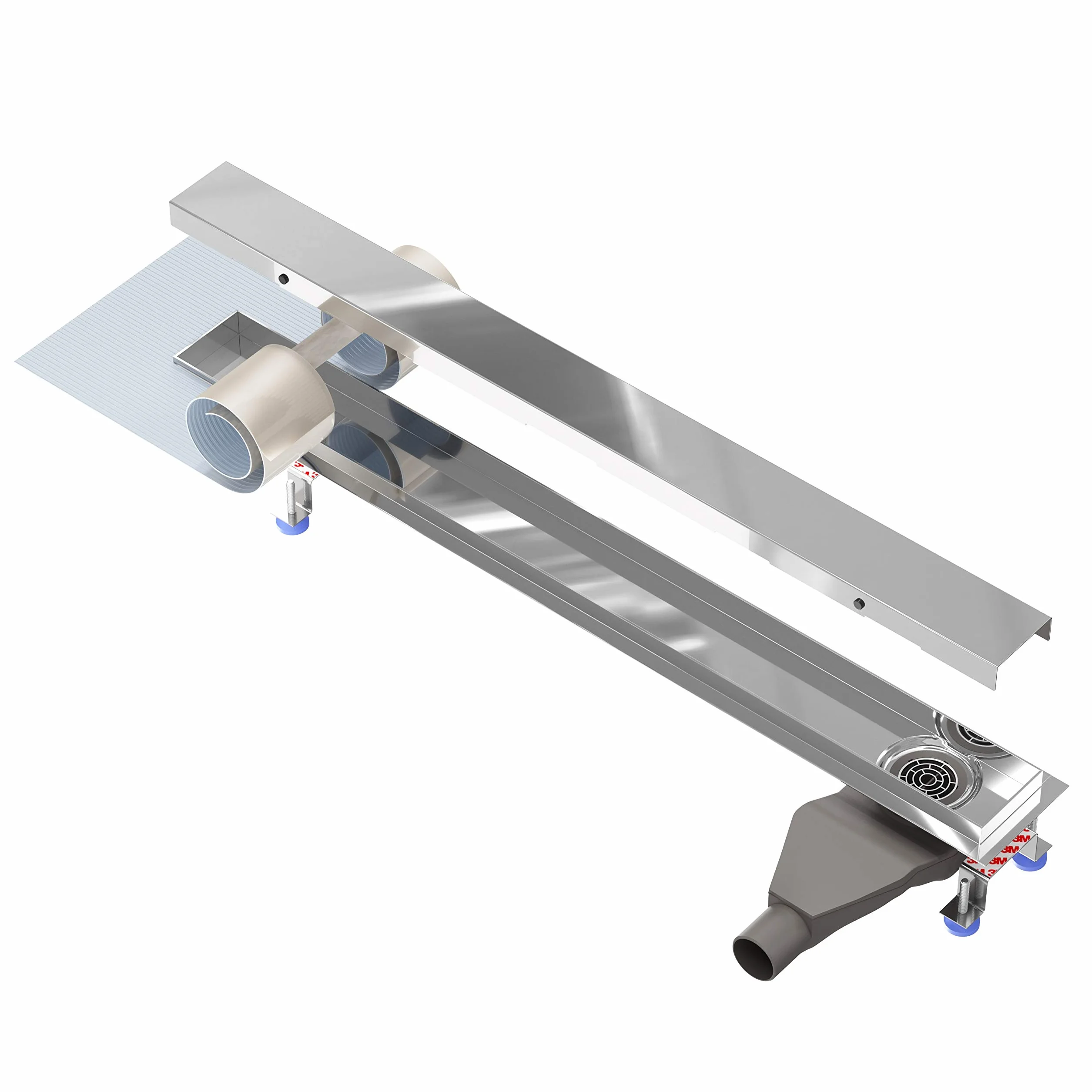 rynna prysznicowa ze stali nierdzewnej Nordona Complete Basic HG ekstra płaska z sitkiem do włosów | długość: 120 cm | z osłoną "klasyczny-wysoki połysk" | odpływ | syfon niskiego profilu głębokość montażu tylko 6 cm | akcesoria montażowe