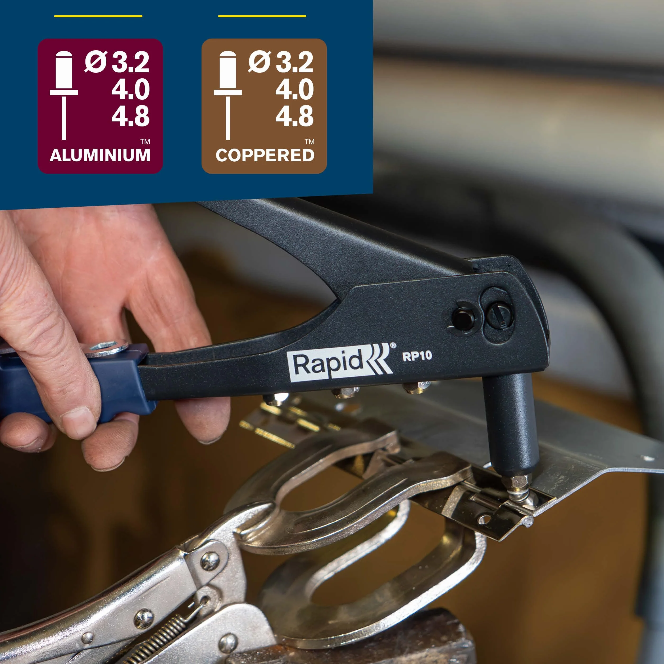 Zestaw nitownicy ręcznej Rapid RP10 ze 100 nitami aluminiowymi, zintegrowanym kluczem i miękkim uchwytem do nitów zrywalnych 3.2, 4.0, 4.8mm (5001718)