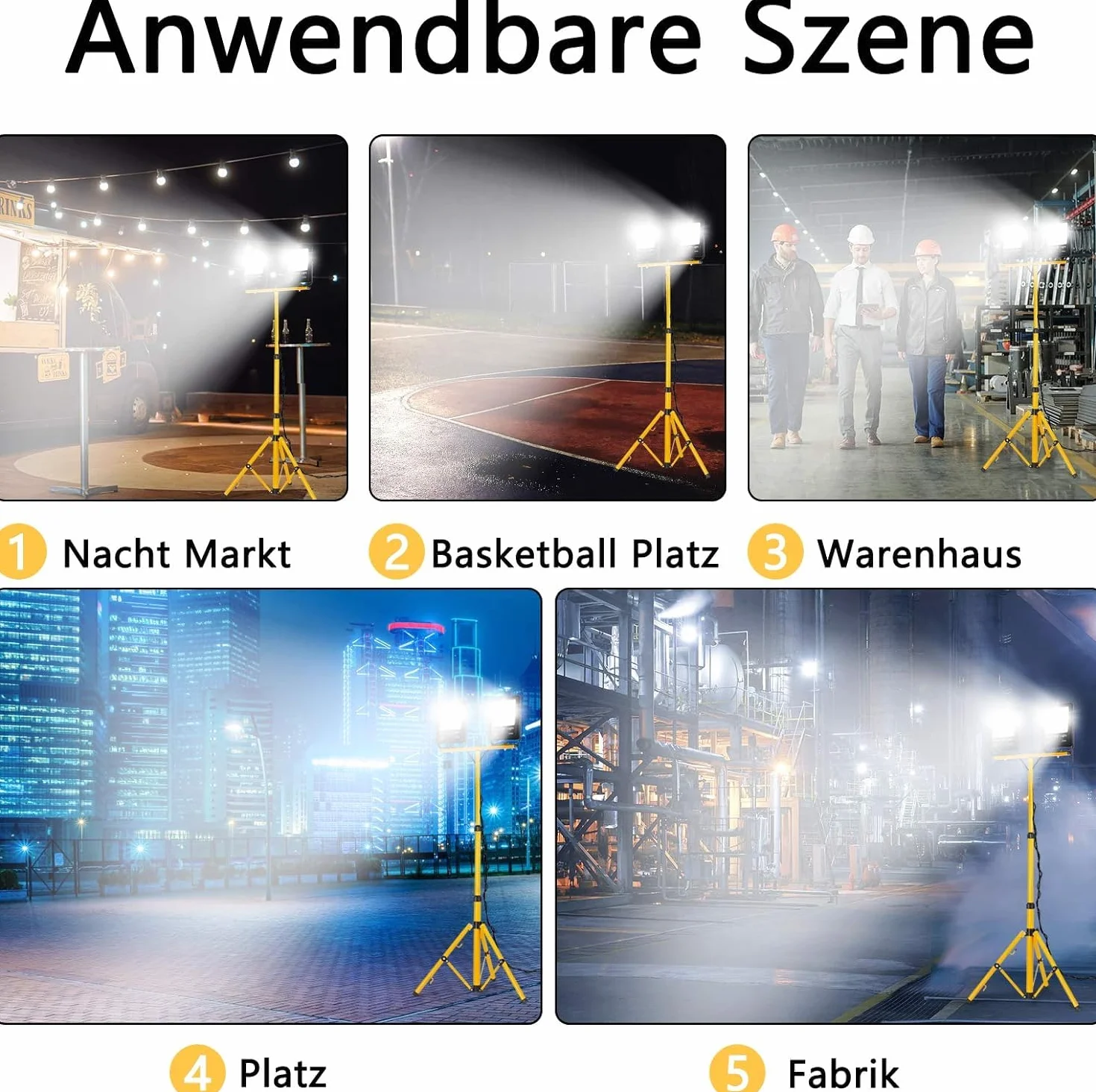 FIVMEN Reflektor budowlany 2 x 100 W, 8500 lm, lampa robocza z regulowanym statywem i wtyczką kabla 3 m, lampa budowlana, reflektor roboczy, wodoszczelny IP66, do garażu, warsztatu, na plac budowy,