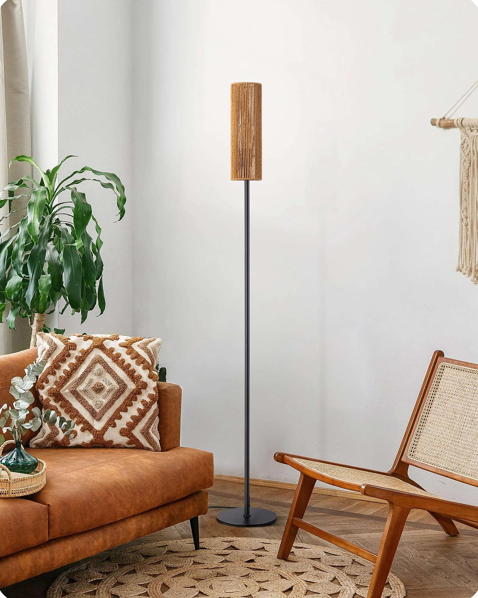 EDISHINE Lampa stojąca LED do salonu, lampa stojąca z abażurem z tkanej liny, lampa stojąca vintage 2700 K, styl boho, E27, do sypialni, pokoju dziecięcego lub sofy narożnej, wysokość 165 cm