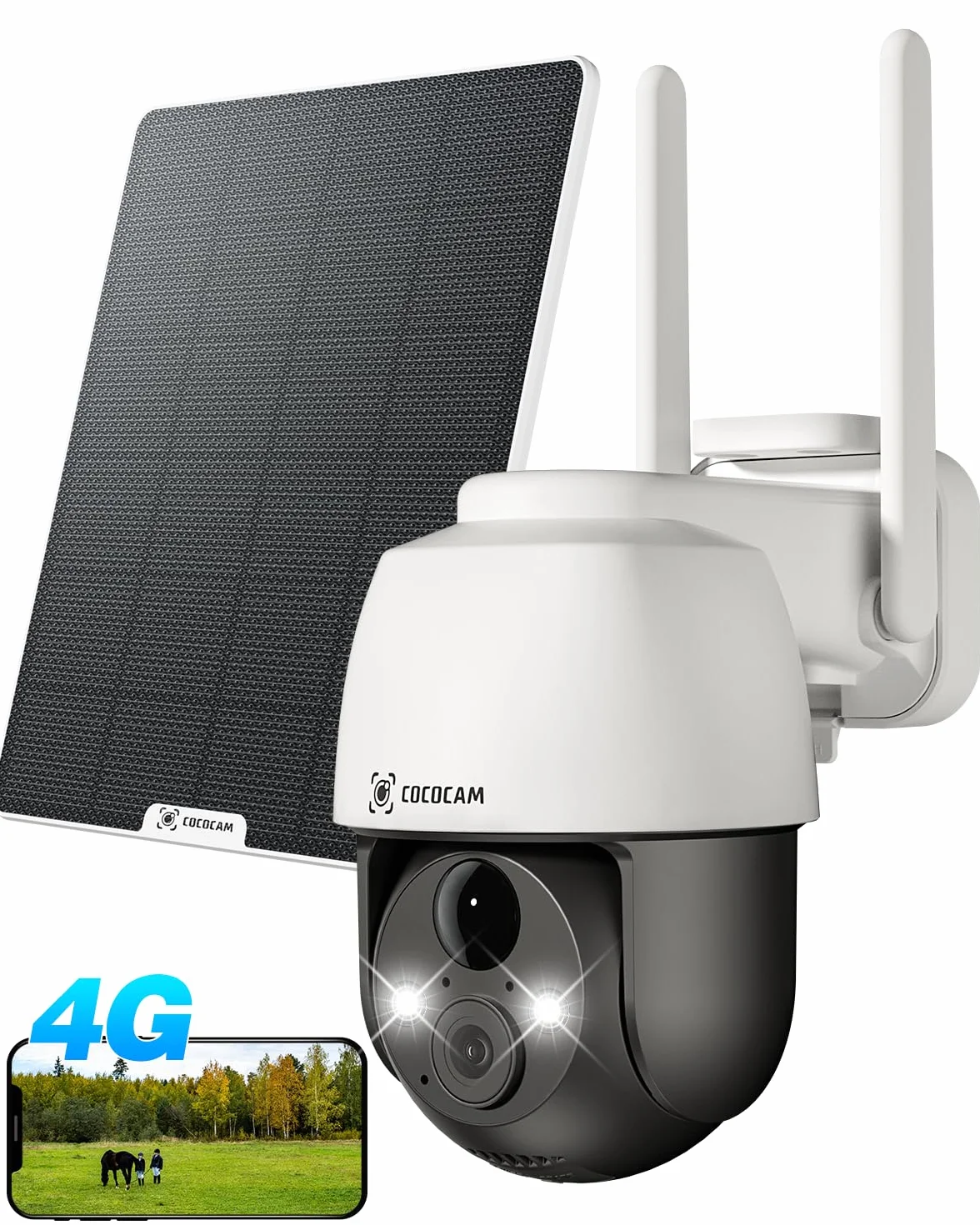 COCOCAM 3G/4G LTE Bezprzewodowa Kamera Bezpieczeństwa 2K na Zewnątrz, Słoneczna, Wykrywanie PIR, AI, Karta SIM w Zestawie