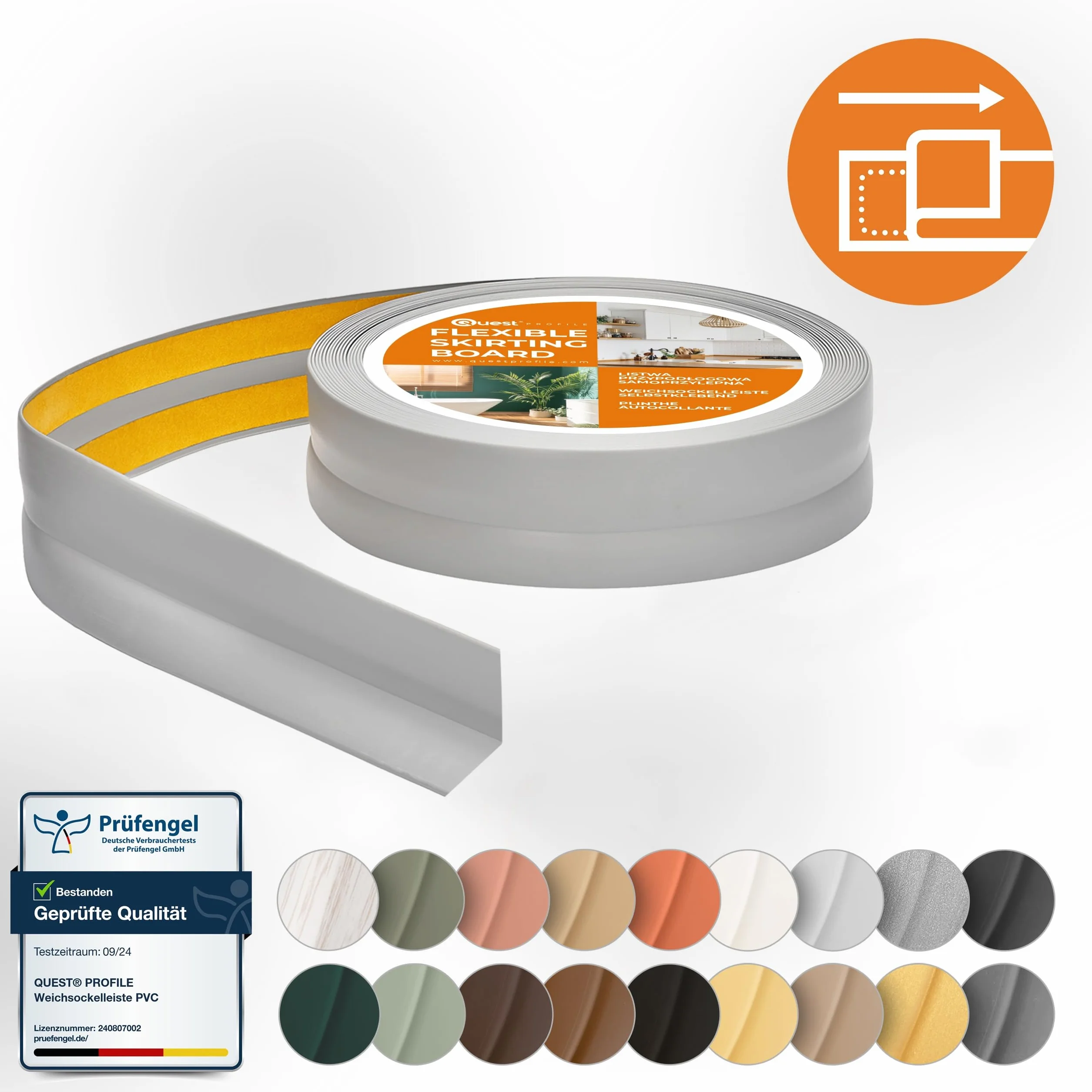 QUEST Listwa wykończeniowa PVC 25x25 mm, samoprzylepna, elastyczna, miękka taśma dekoracyjna, szary, 15 m