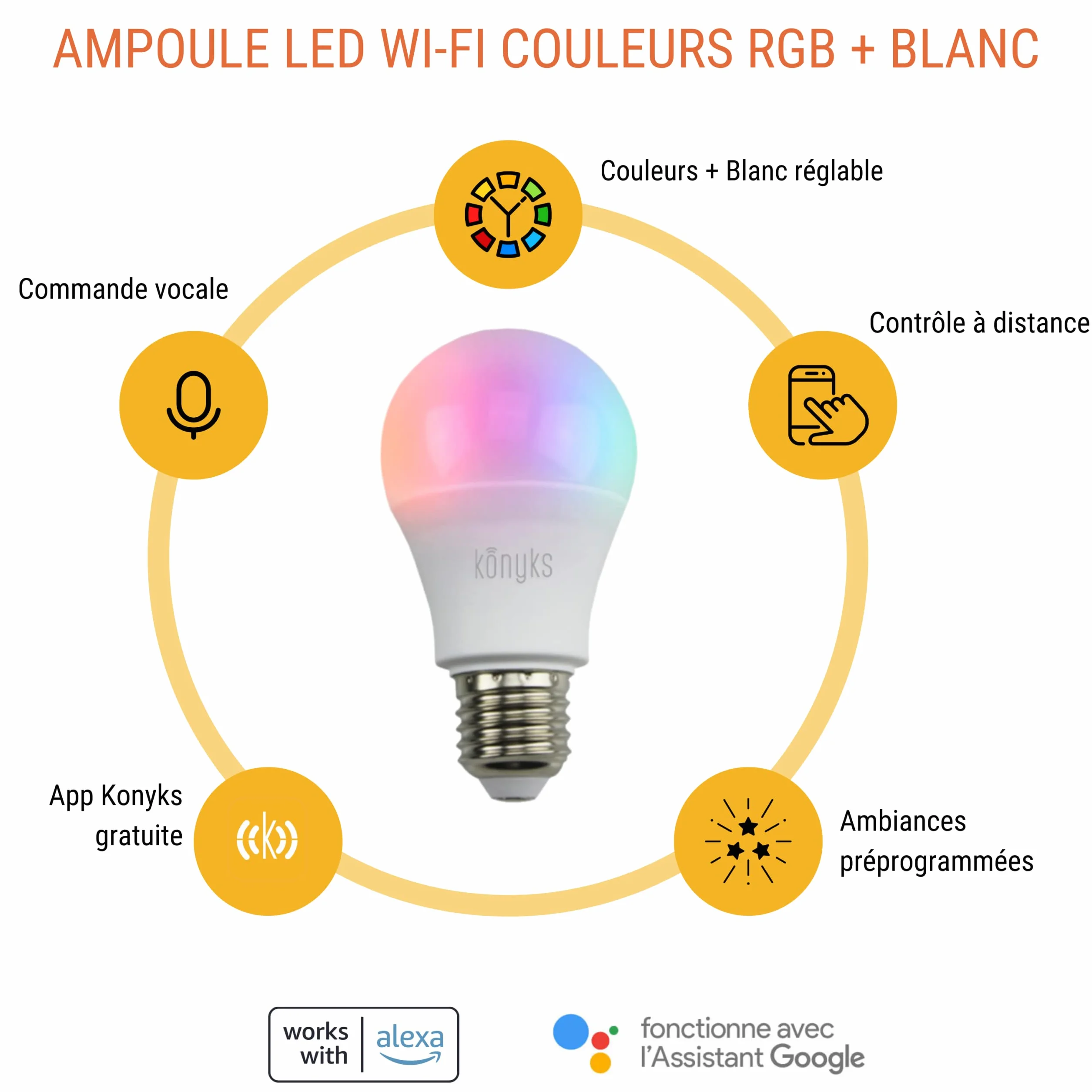 Konyks Antalya Color E27 - LED WiFI + BT, 1055 lumenów, 11 W, kolory + regulowany biały, kompatybilny z Alexa lub Google Home, łatwa automatyzacja