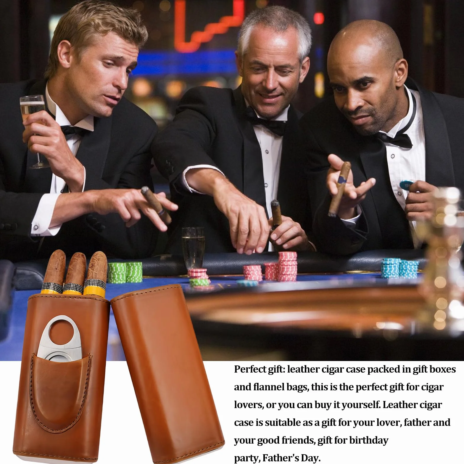 Skórzane etui na cygara 3 sztuki humidor z krajalnicą drewno cedrowe