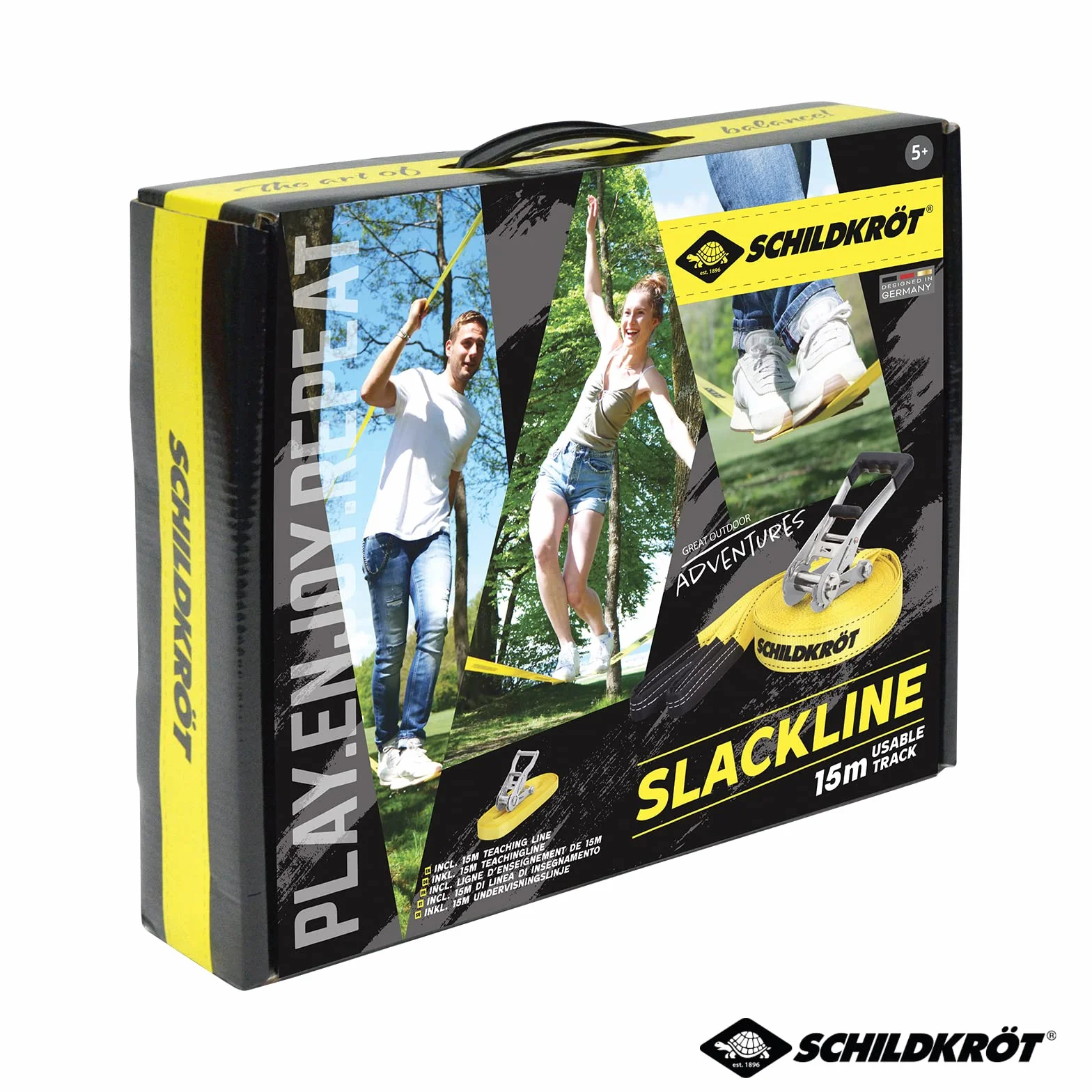 Schildkröt® Slackline 15 m, dodatkowo z linią Teaching Line, linia pomocnicza dla początkujących, wytrzymała linia o szerokości 5 cm, dla dzieci i dorosłych
