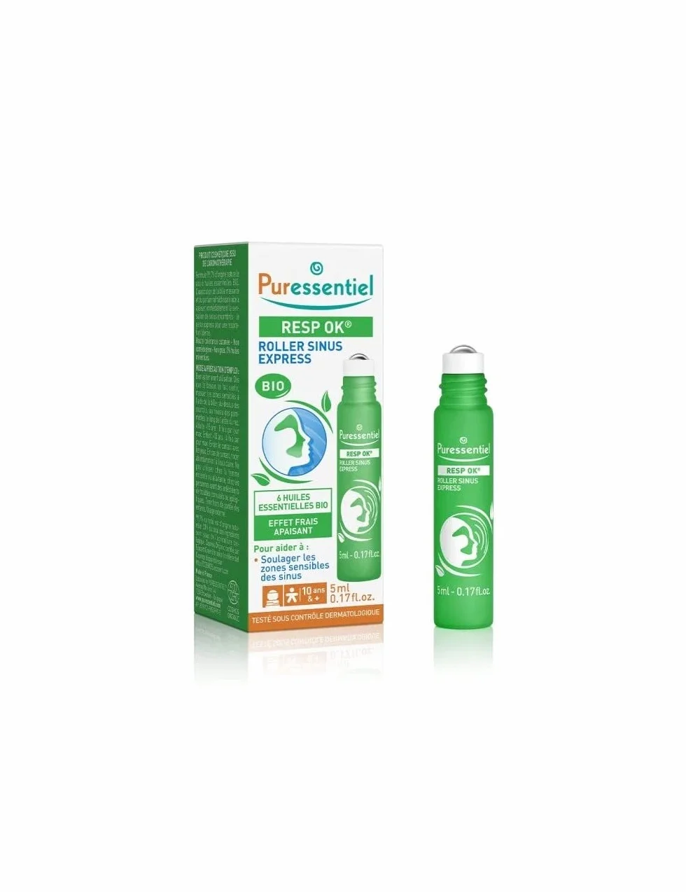 Puressentiel Oddychanie, Roller Sinus Express, łagodzi wrażliwe obszary zatok, kojący efekt świeżości, 6 olejków eterycznych BIO, 5 ml