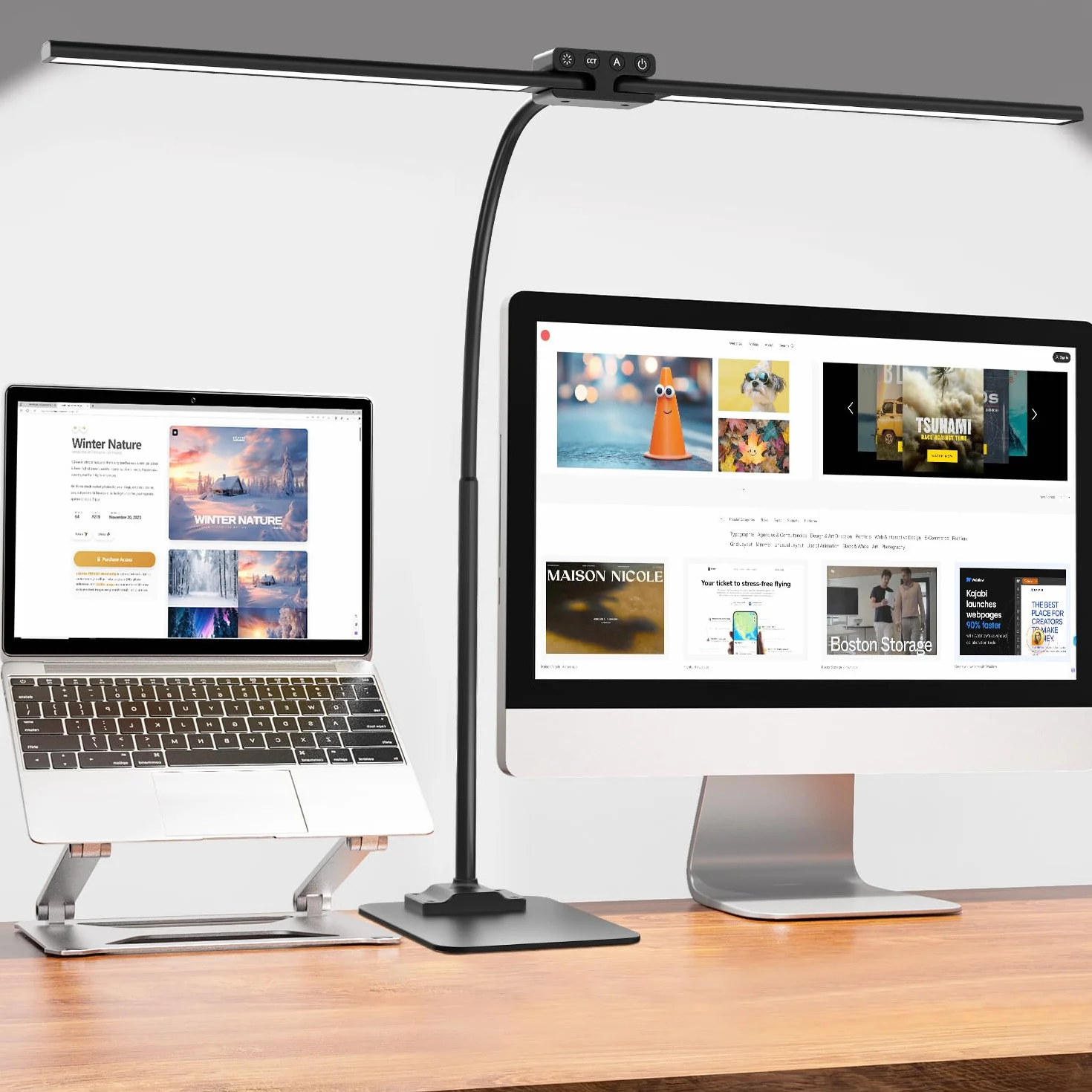 Lampka biurkowa LED 24 W, podwójna głowica, podstawa, 80 cm | Elastyczne ramię, Czułe sterowanie dotykowe, Wiele trybów oświetlenia, Ochrona wzroku bez migotania, Funkcja pamięci