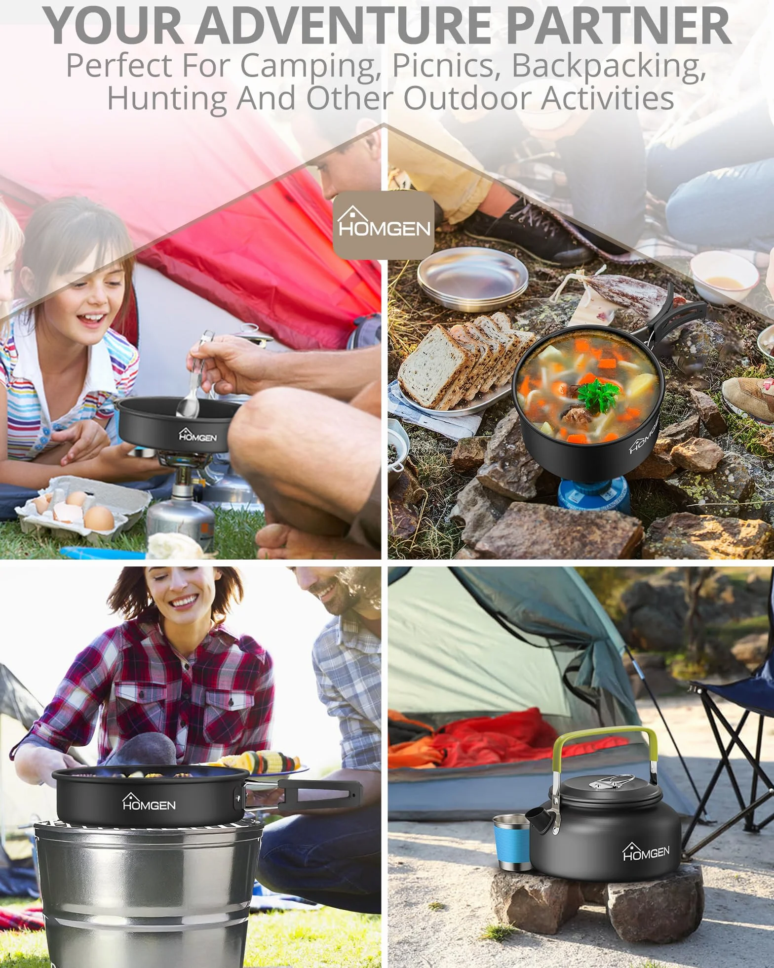 HOMGEN Camping zestaw garnków i patelni kempingowych, zestaw aluminiowych naczyń do gotowania, przenośny zestaw naczyń do gotowania, lekkie wyposażenie kempingowe dla 2-3 osób, na kemping, piknik